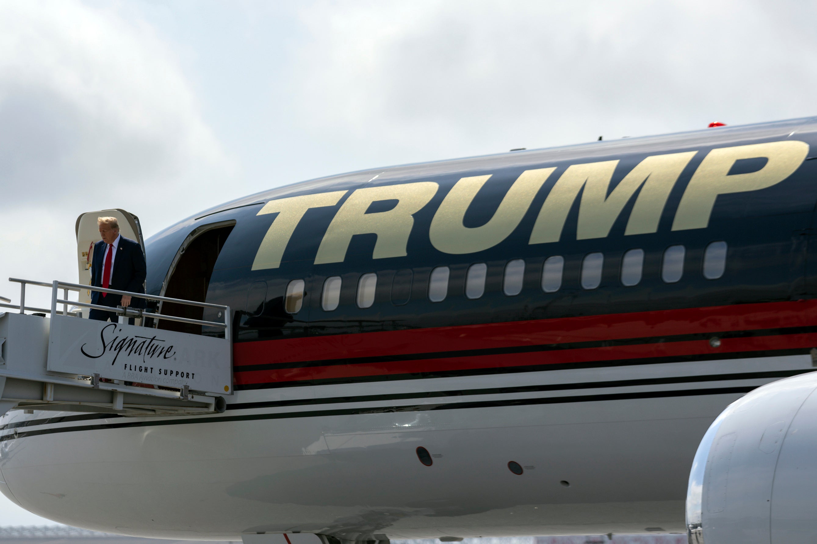 Former President Donald Trump’s private plane with red, white and blue colors. Trump is apparently hoping to change the colors of Air Force One to model his aircraft