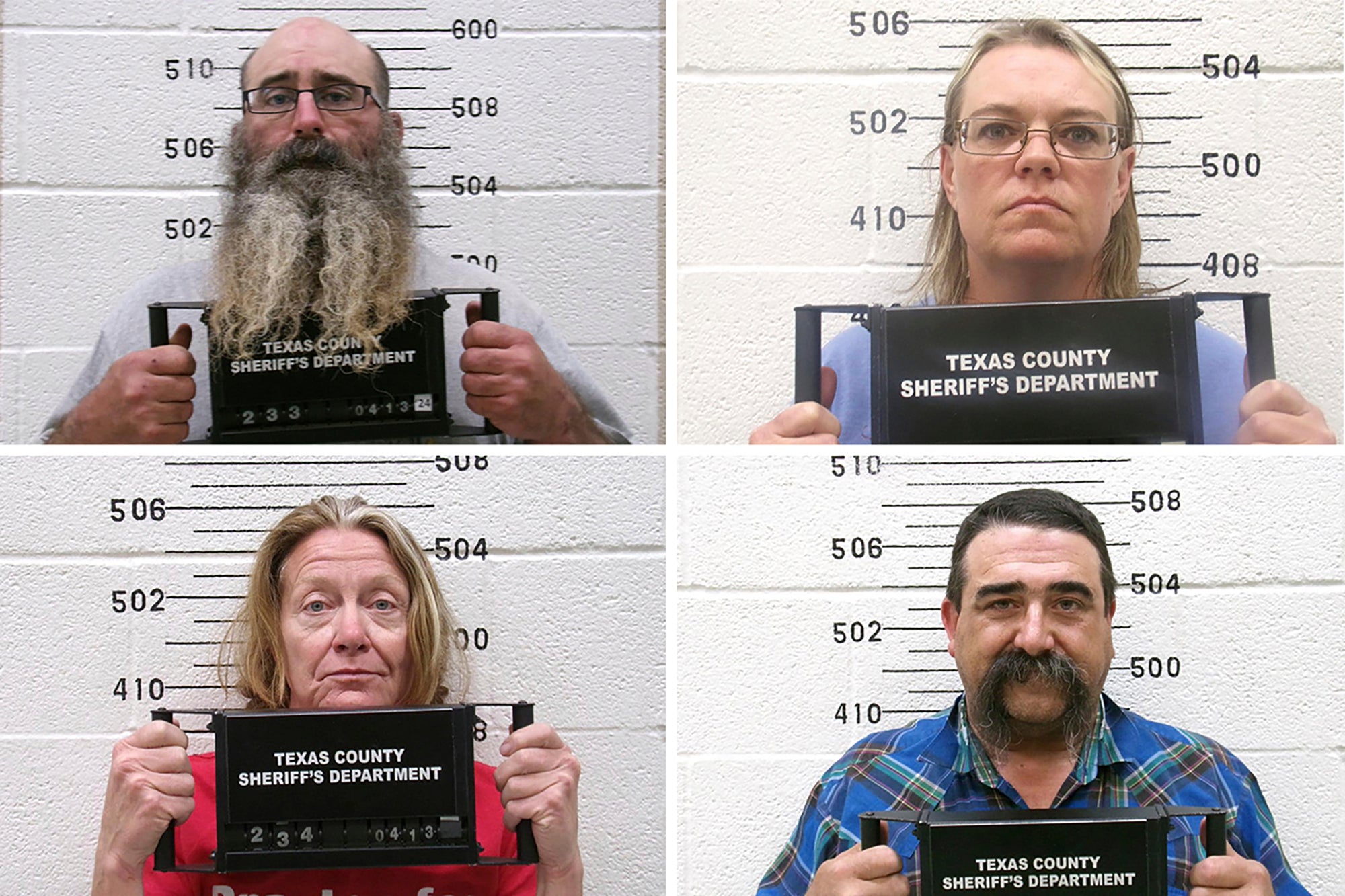 Clockwise from top left: Tad Bert Cullum, 43, Cora Twombly, 44, Cole Earl Twombly, 50, and Tifany Machel Adams, 54, were arrested and charged with murder earlier this month