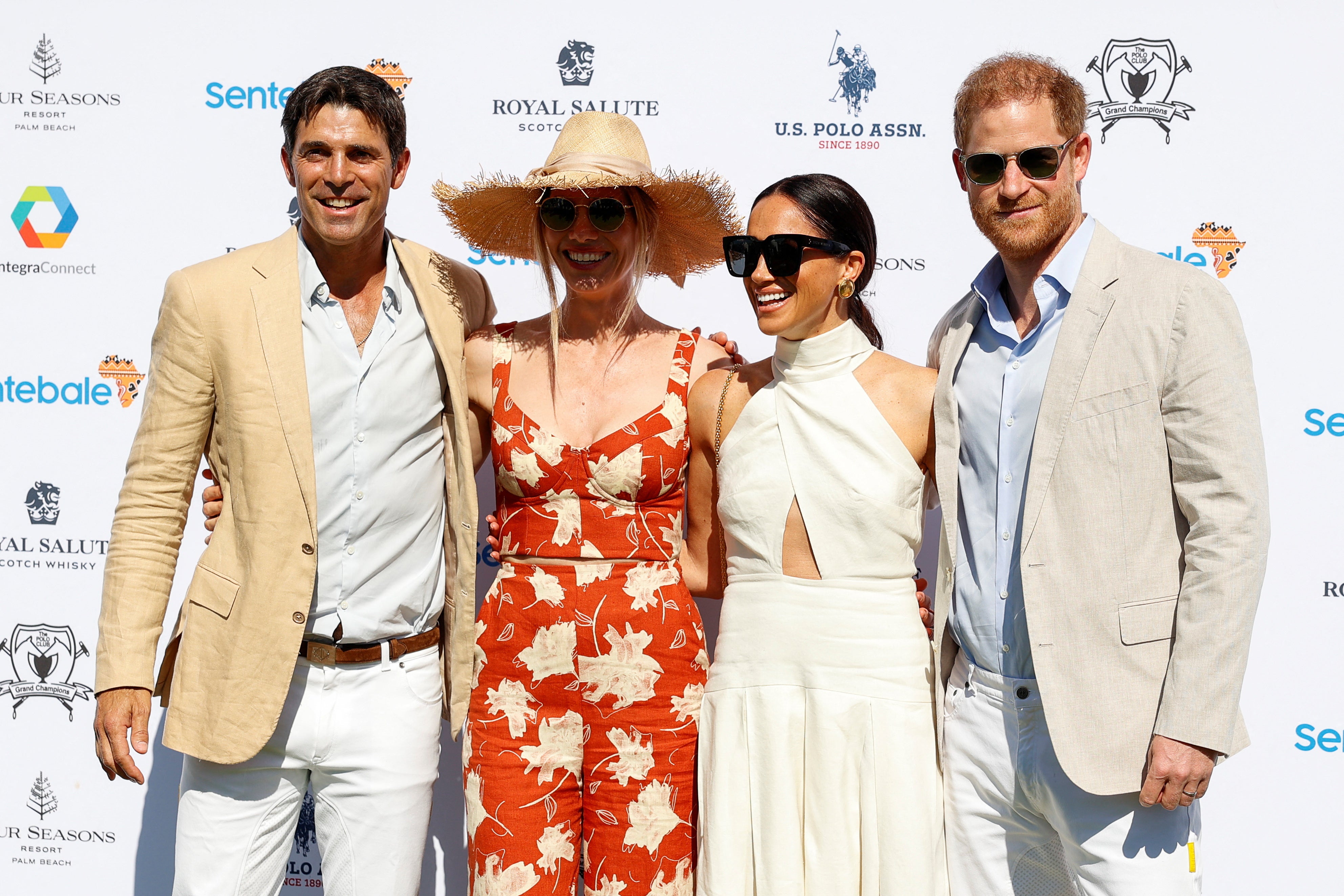 The Sussexes with polo player Nacho Figueras and Delfina Blaquier at the Royal Salute Polo Challenge benefit last week