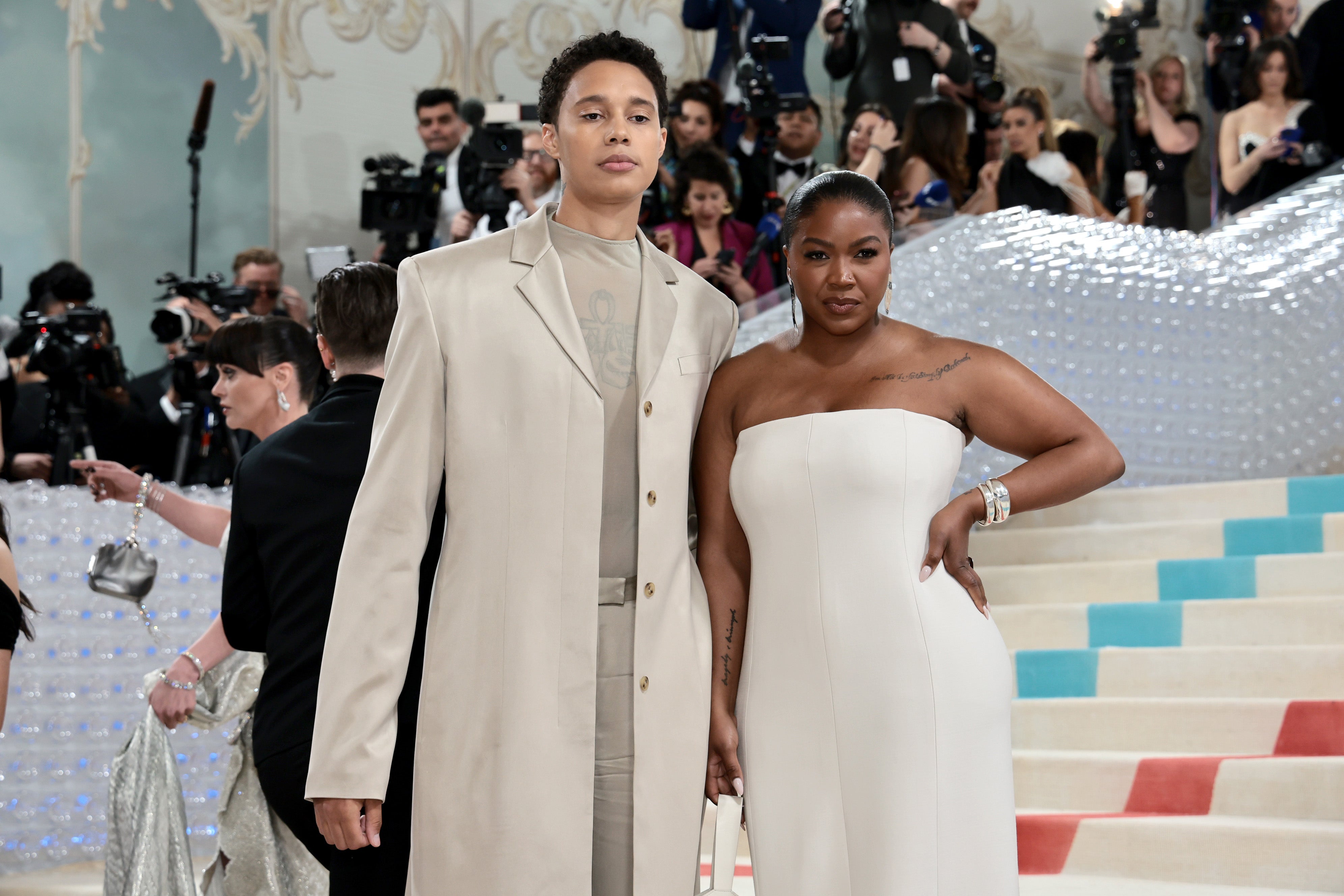Brittney Griner, pictured at the Met Gala in May 2023 with her wife Cherelle Griner, reflected on her time in a Russian prison