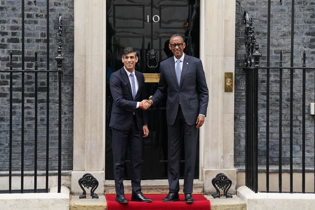 <p>Rishi Sunak welcomes Rwanda’s president Paul Kagame to Downing Street earlier this month </p>