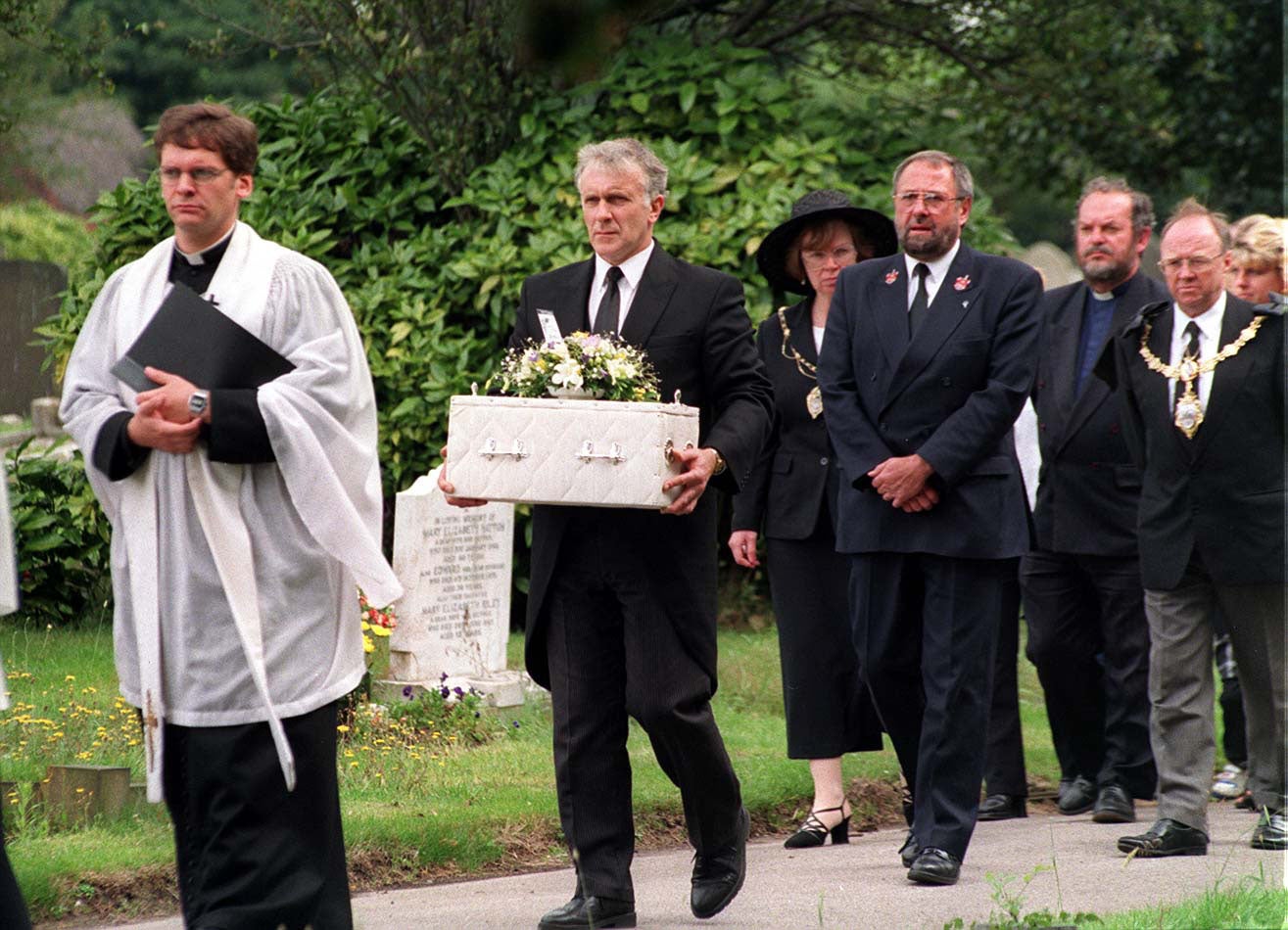 The funeral procession of abandoned baby Callum during his funeral service at St Elphin's parish church, Warrington, in 1998