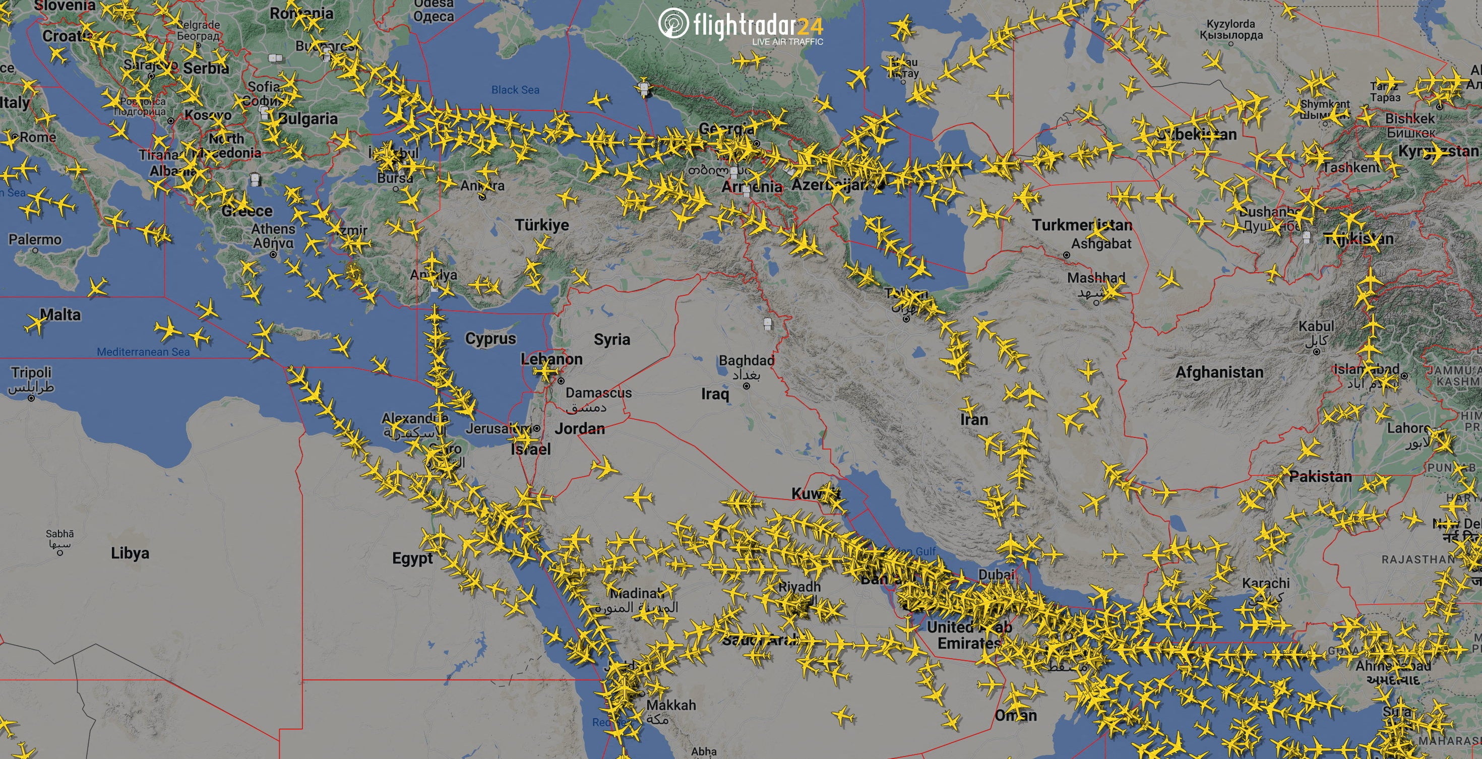 Airspace over Iran and the neighbouring Middle East on Sunday morning