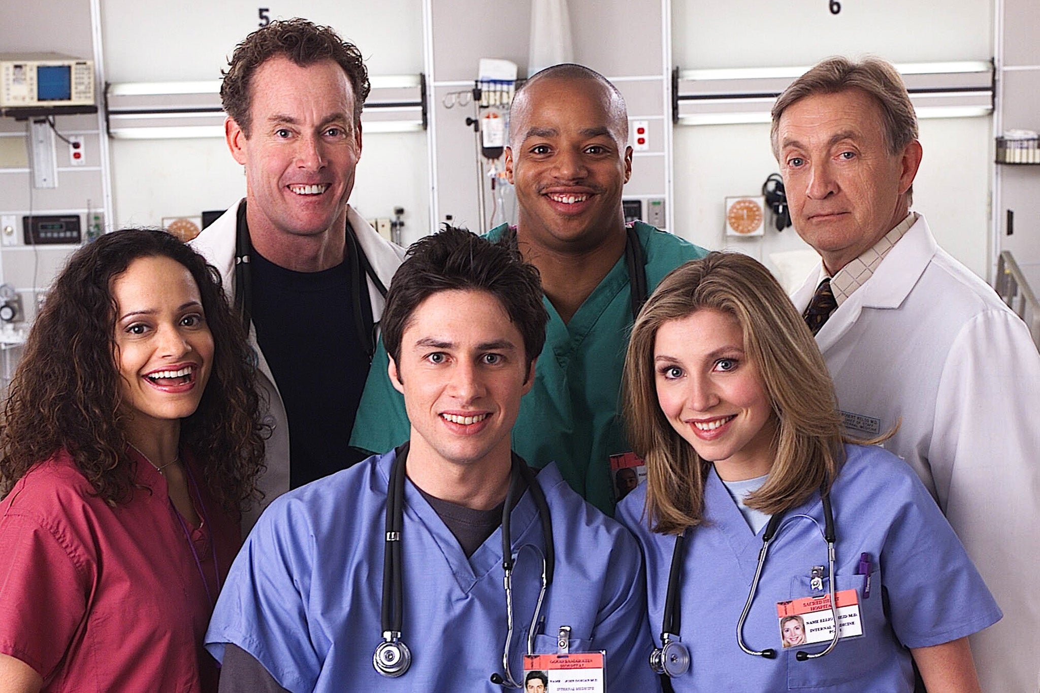 The cast of ‘Scrubs’ (left to right): Judy Reyes, John C McGinley, Zach Braff, Donald Faison, Sarah Chalke and Ken Jenkins