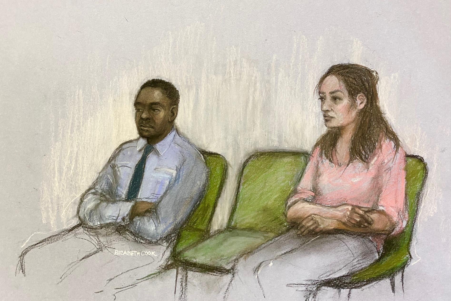 Court artist sketch by Elizabeth Cook of Constance Marten and Mark Gordon at the Old Bailey (Elizabeth Cook/PA)