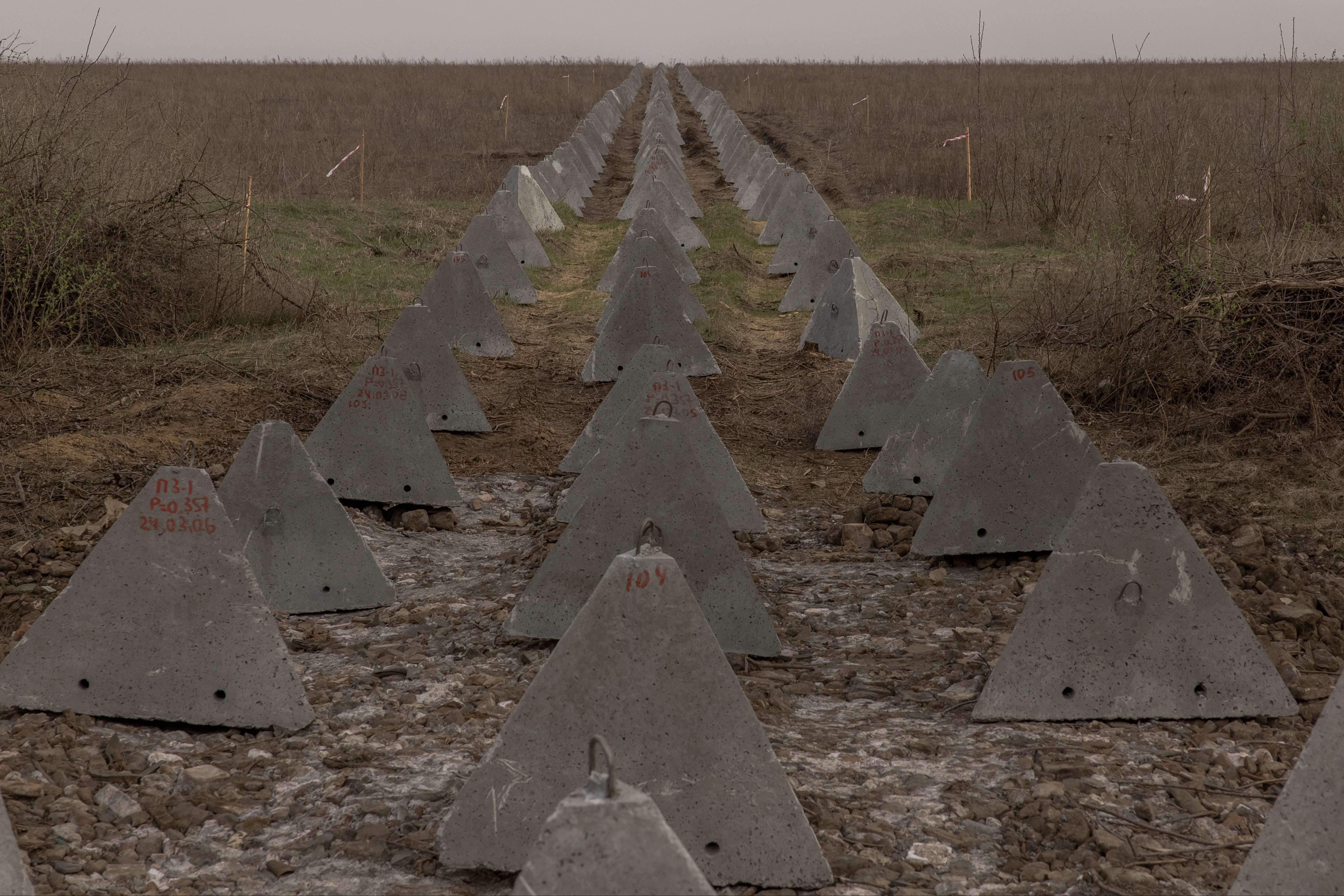 ‘Dragon’s teeth’ anti-tank fortifications near the town of Chasiv Yar