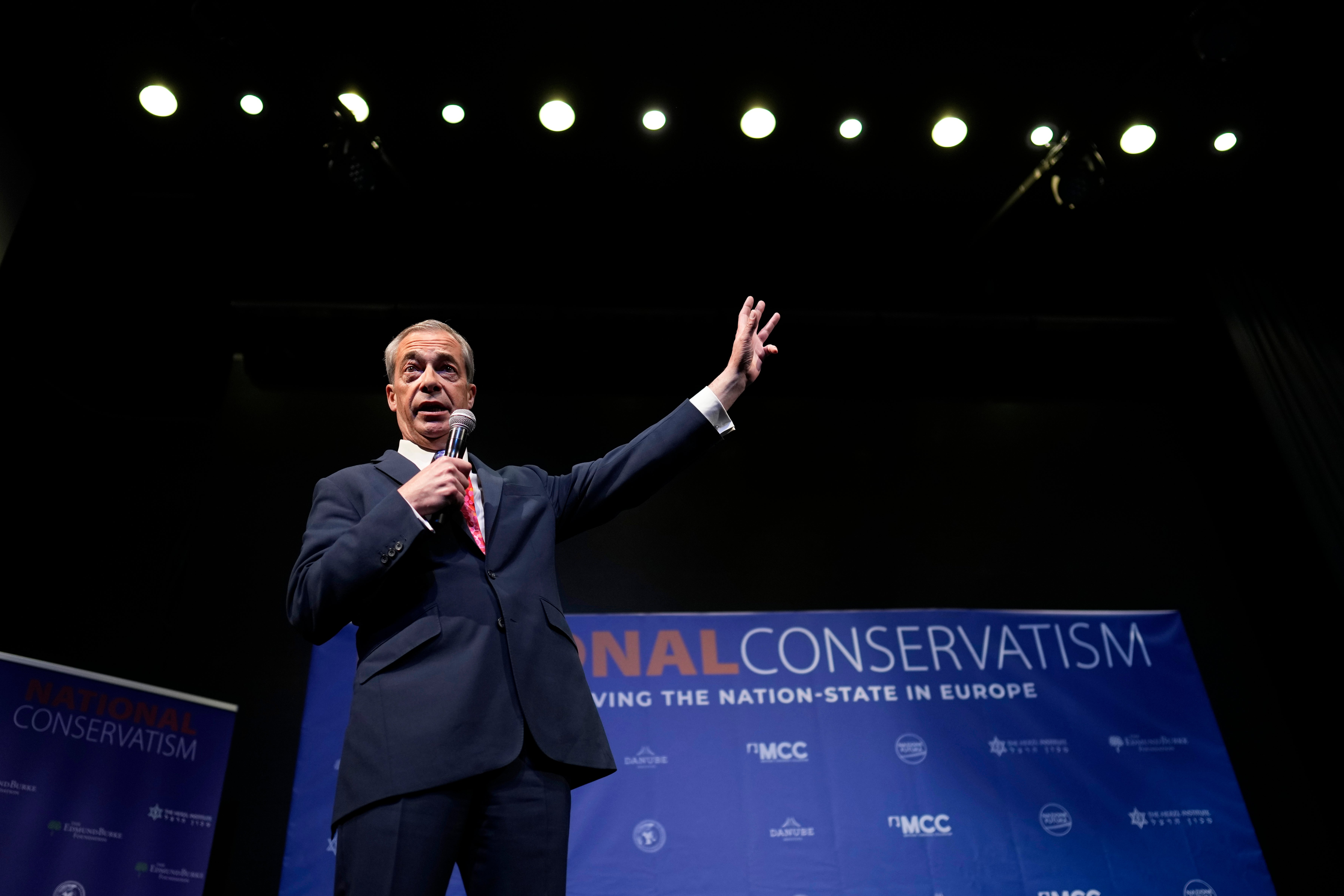 Nigel Farage, honorary president of Reform UK and former MEP, at the National Conservatism conference in Brussels on Tuesday