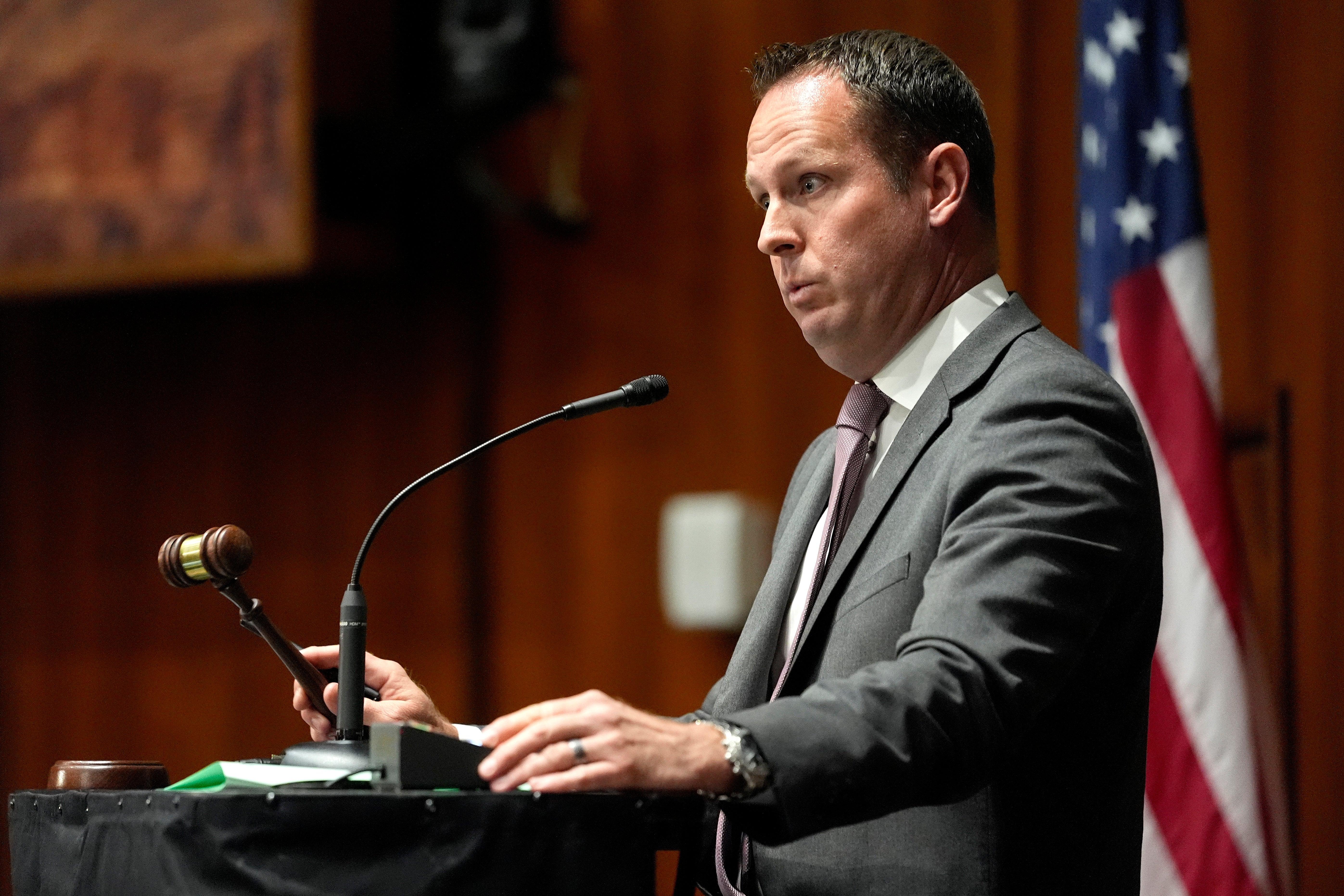 Arizona State Speaker pro tempore Travis Grantham calls for order on the House floor on Wednesday 17 April at the state Capitol in Phoenix