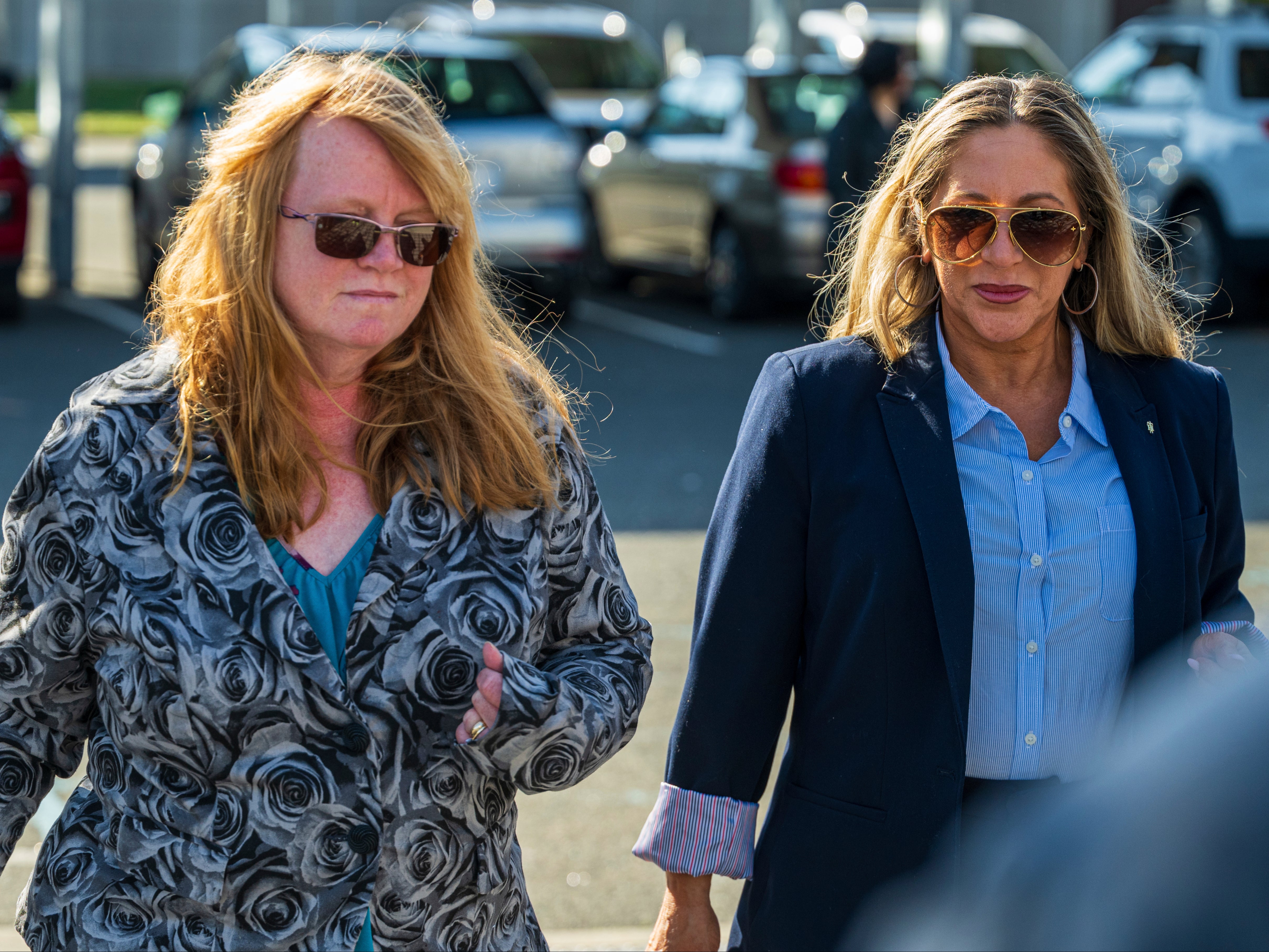 Asa Ellerup, left, the estranged wife of Long Island serial killing suspect Rex Heuermann, arrives at court in Riverhead, N.Y. on Wednesday, April 17, 2024