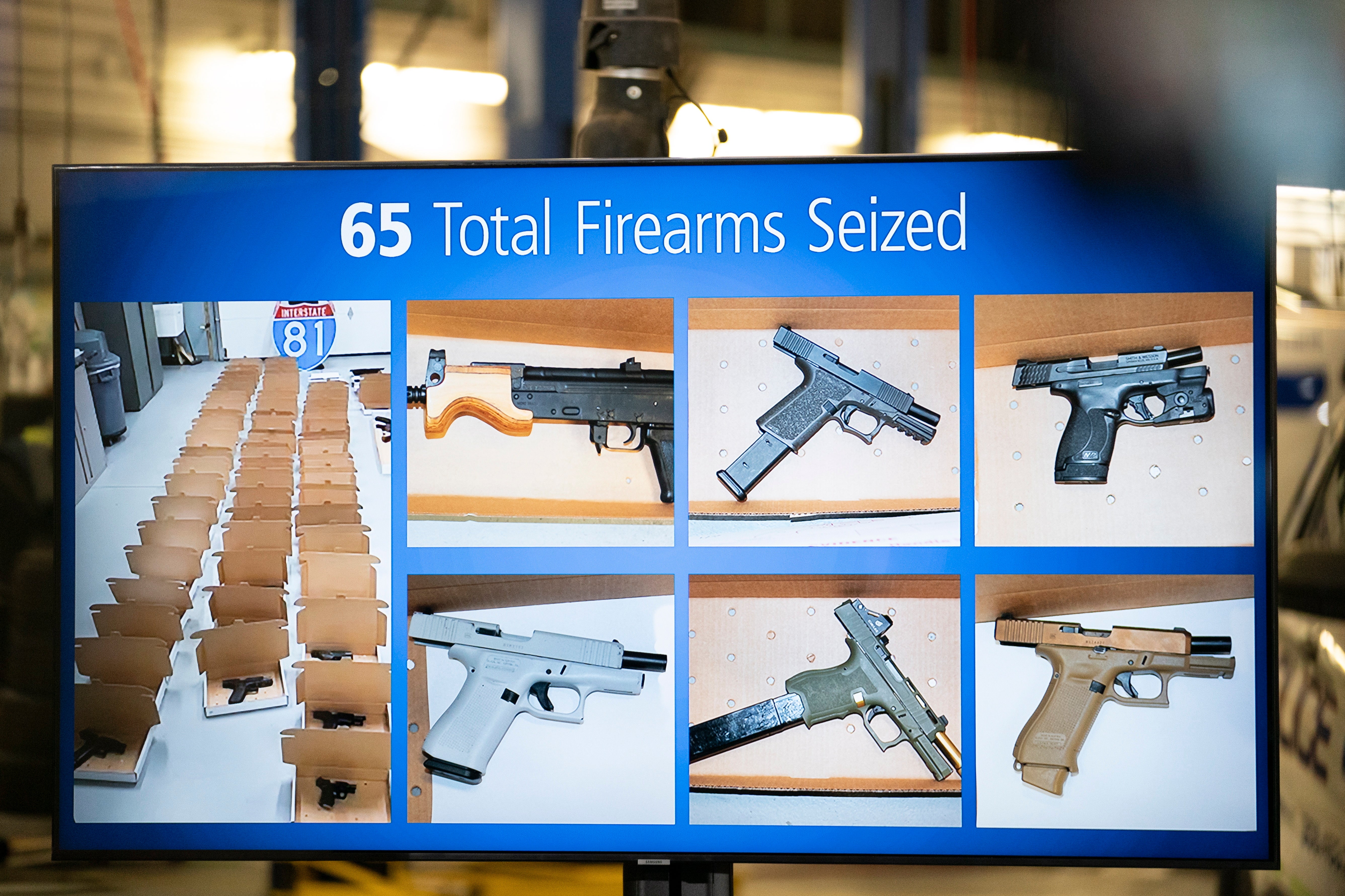 A photo of firearms seized is displayed during a news conference regarding an investigation into the theft of gold from Torontoâs Pearson International airport, in Brampton, Ontario, Canada on Wednesday, April 17, 2024