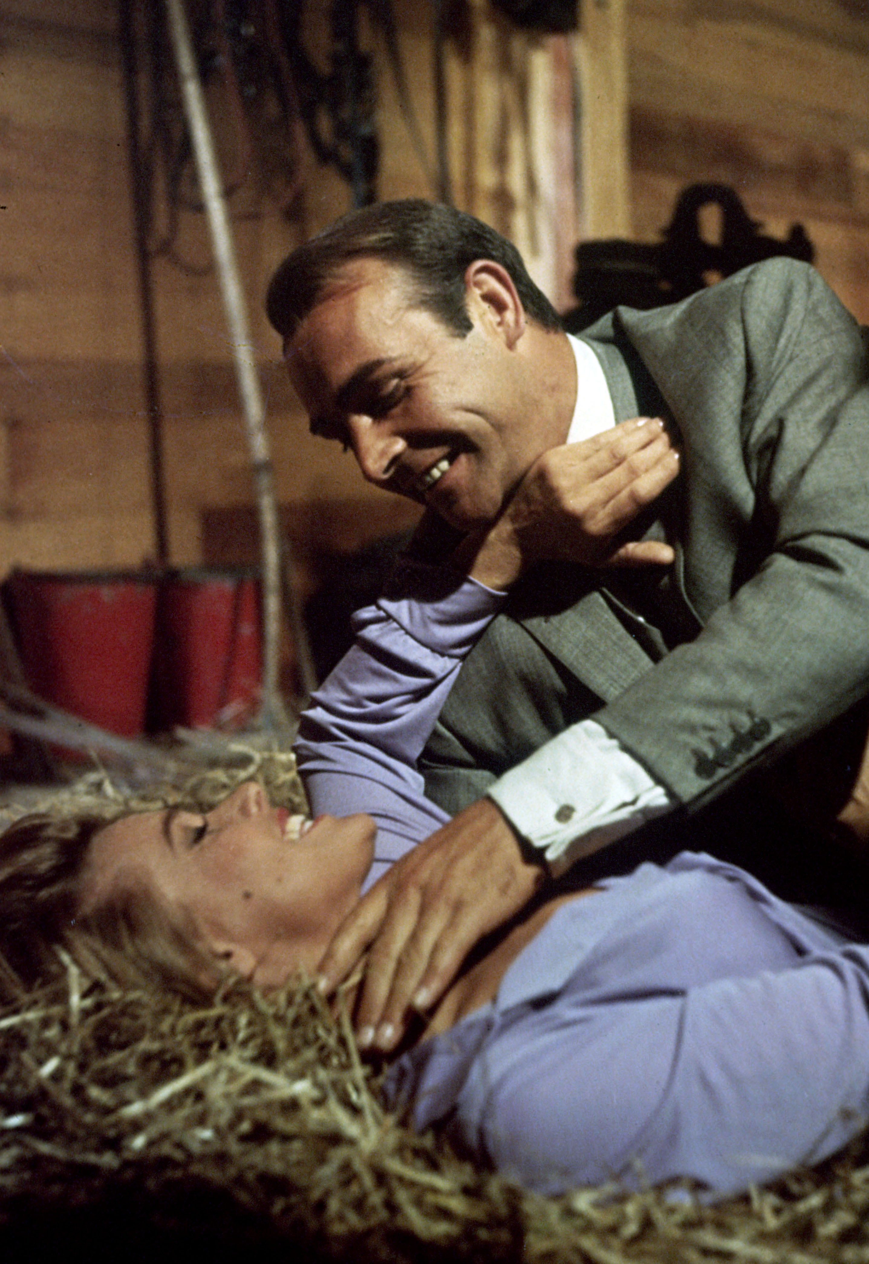 Connery and Blackman filming the barn scene in ‘Goldfinger’