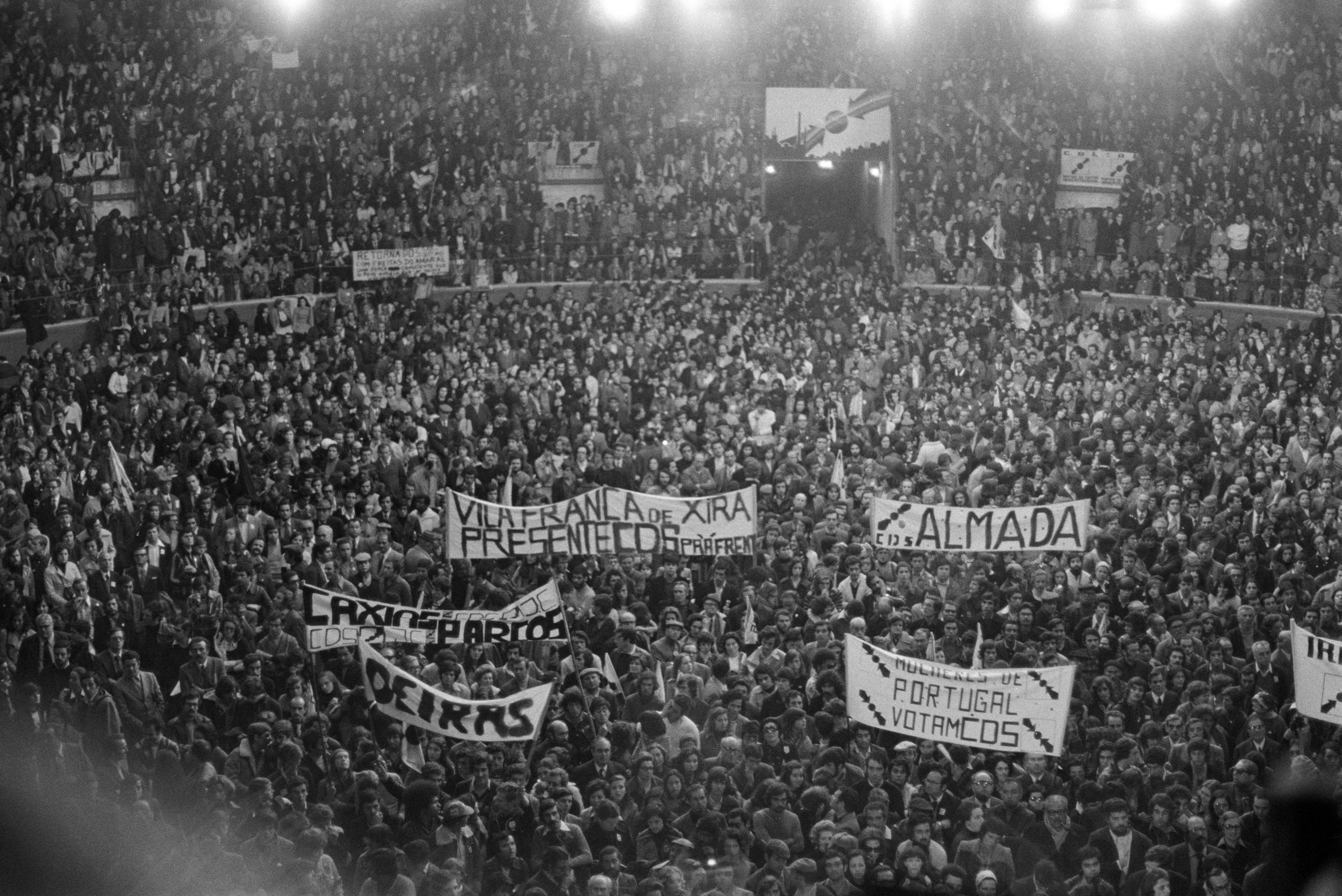 Crowds gather at the Campo Pequeno Bullring in Lisbon ahead of the first democratic election in 1976