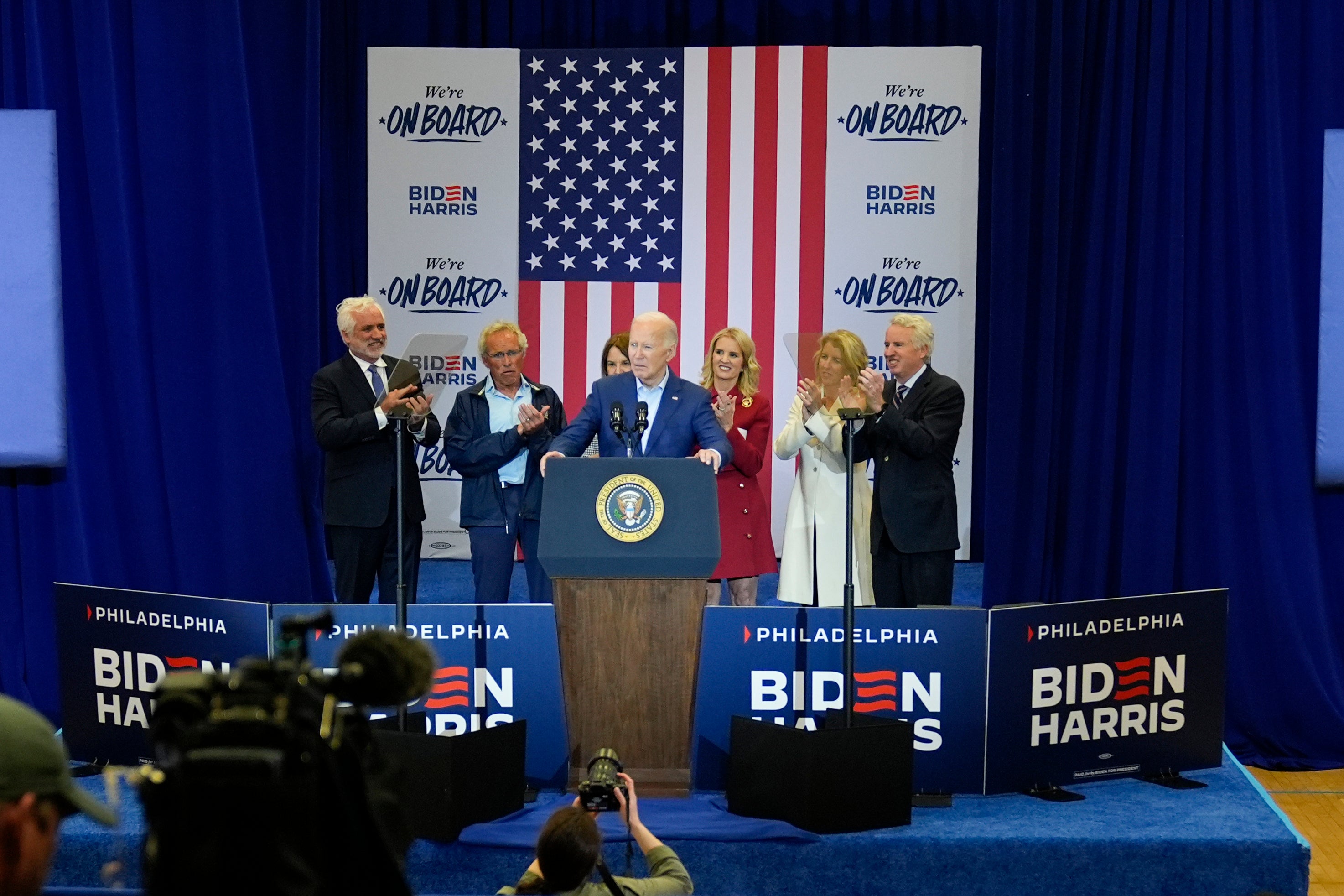 President Joe Biden speaks alongside members of the storied Kennedy family as he accepts their endorsement during a campaign event in Philadelphia on Thursday