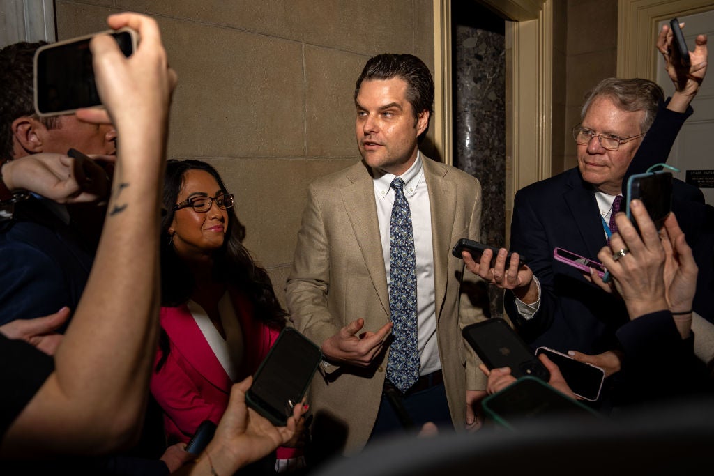 Matt Gaetz and Lauren Boebert speak to reporters after confronting House Speaker Mike Johnson over passage of military assistance to Ukraine on 18 April