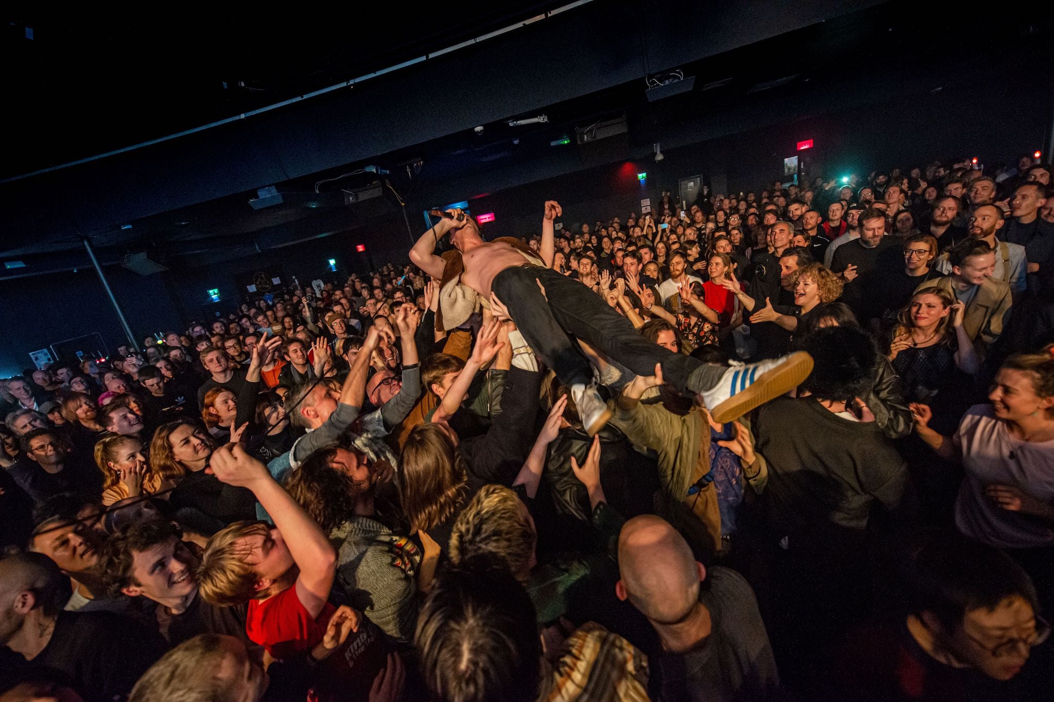 Saoudi, who says he is now more clean-living ‘by a long stretch’ than he was pre-pandemic, crowdsurfs during a 2019 gig in London