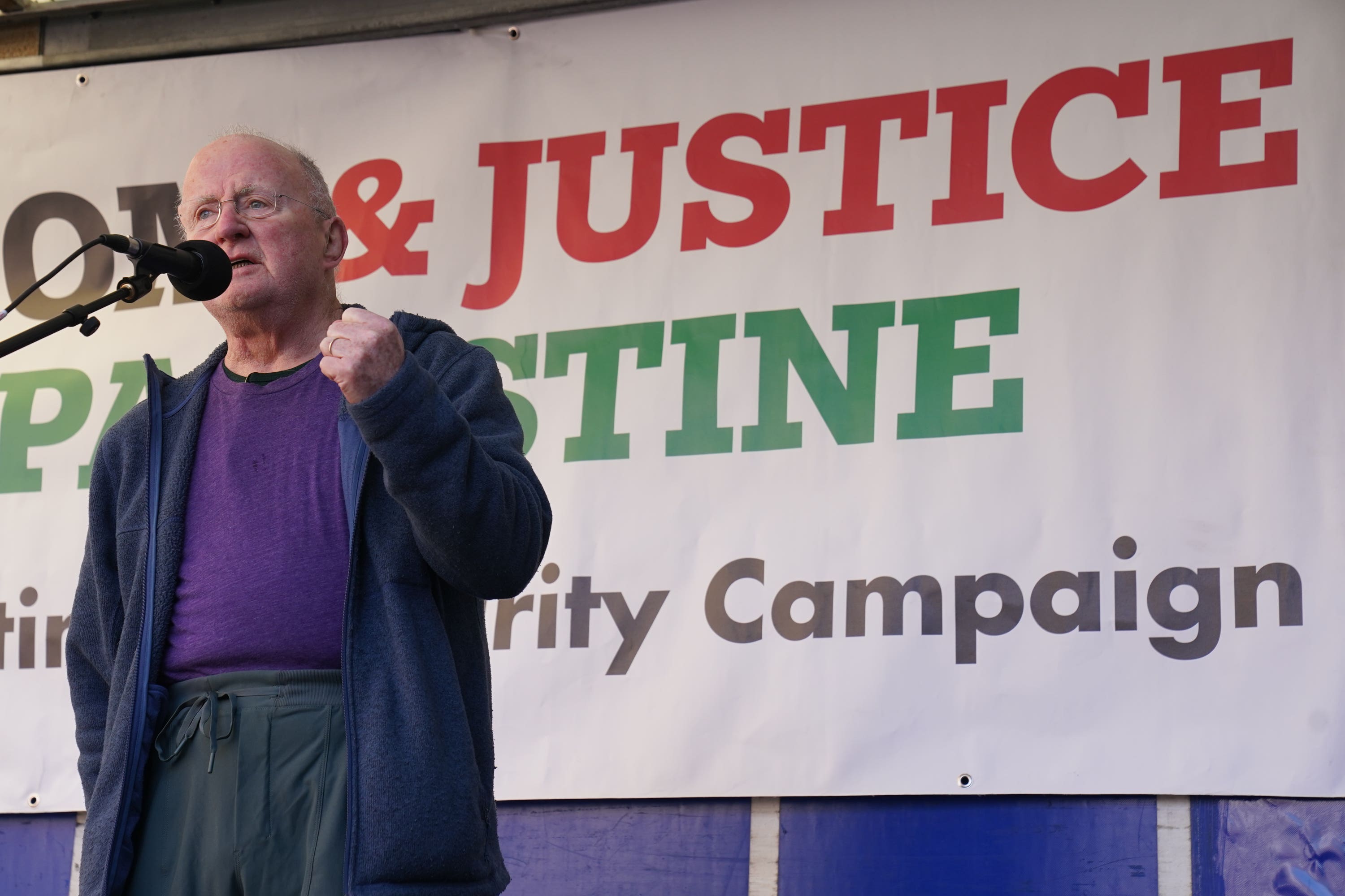 Singer-songwriter Christy Moore speaks during a national demonstration in support of Palestine at a rally outside Leinster House in Dublin (Brian Lawless/PA)