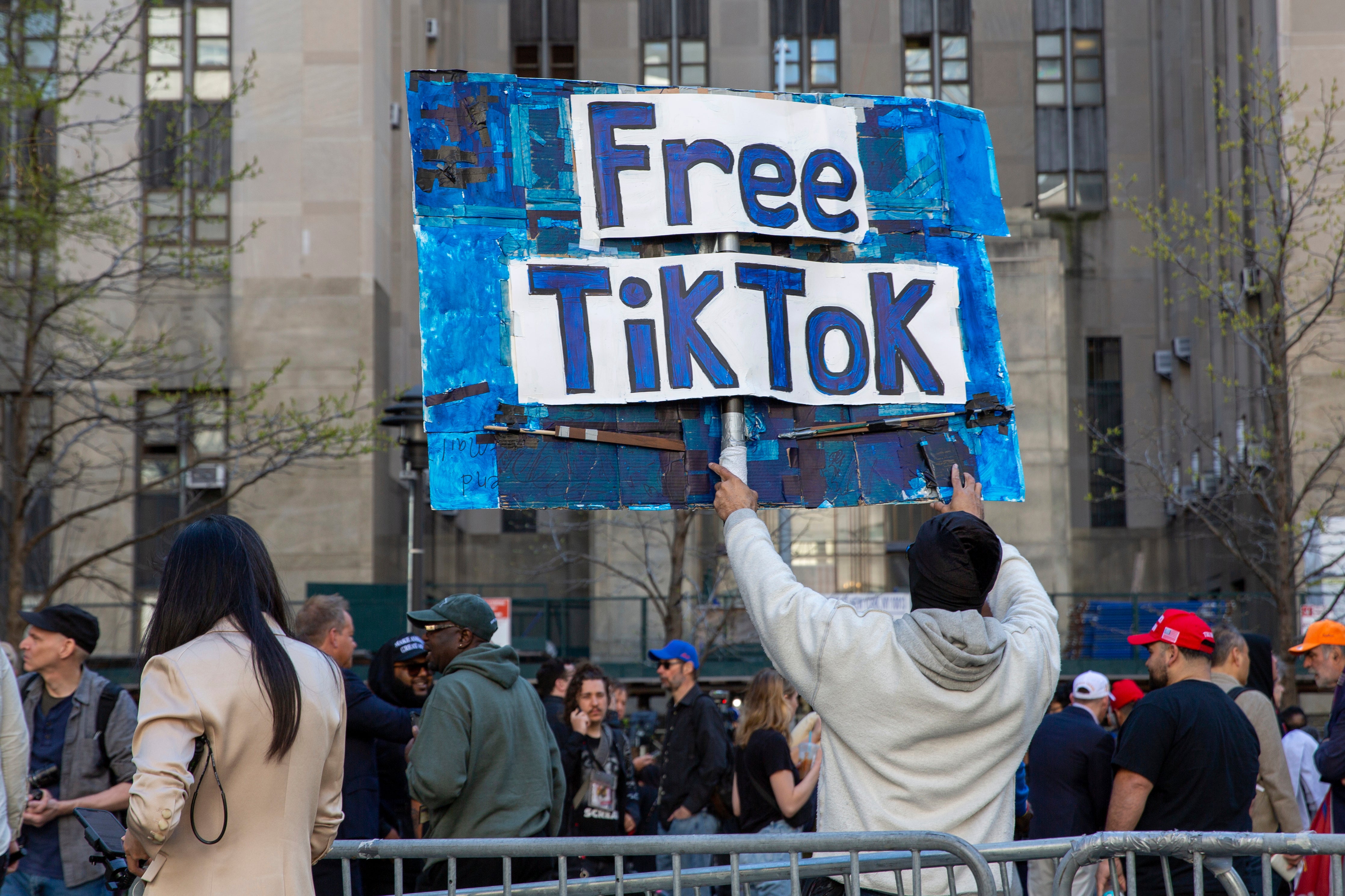 TikTok supporters protest at the hush-money trial of Donald Trump in New York in April