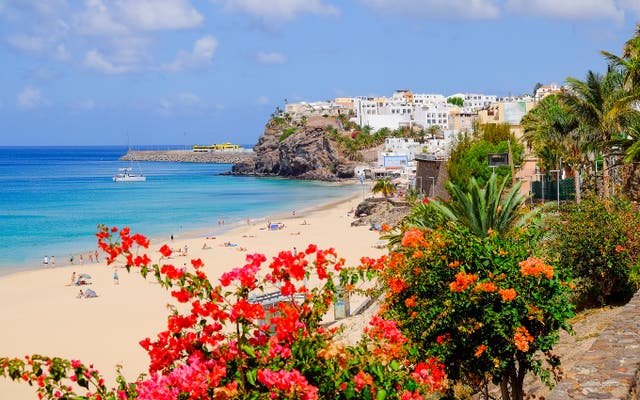 <p>The town of Morro Jable as seen from a beach on the Atlantic island </p>