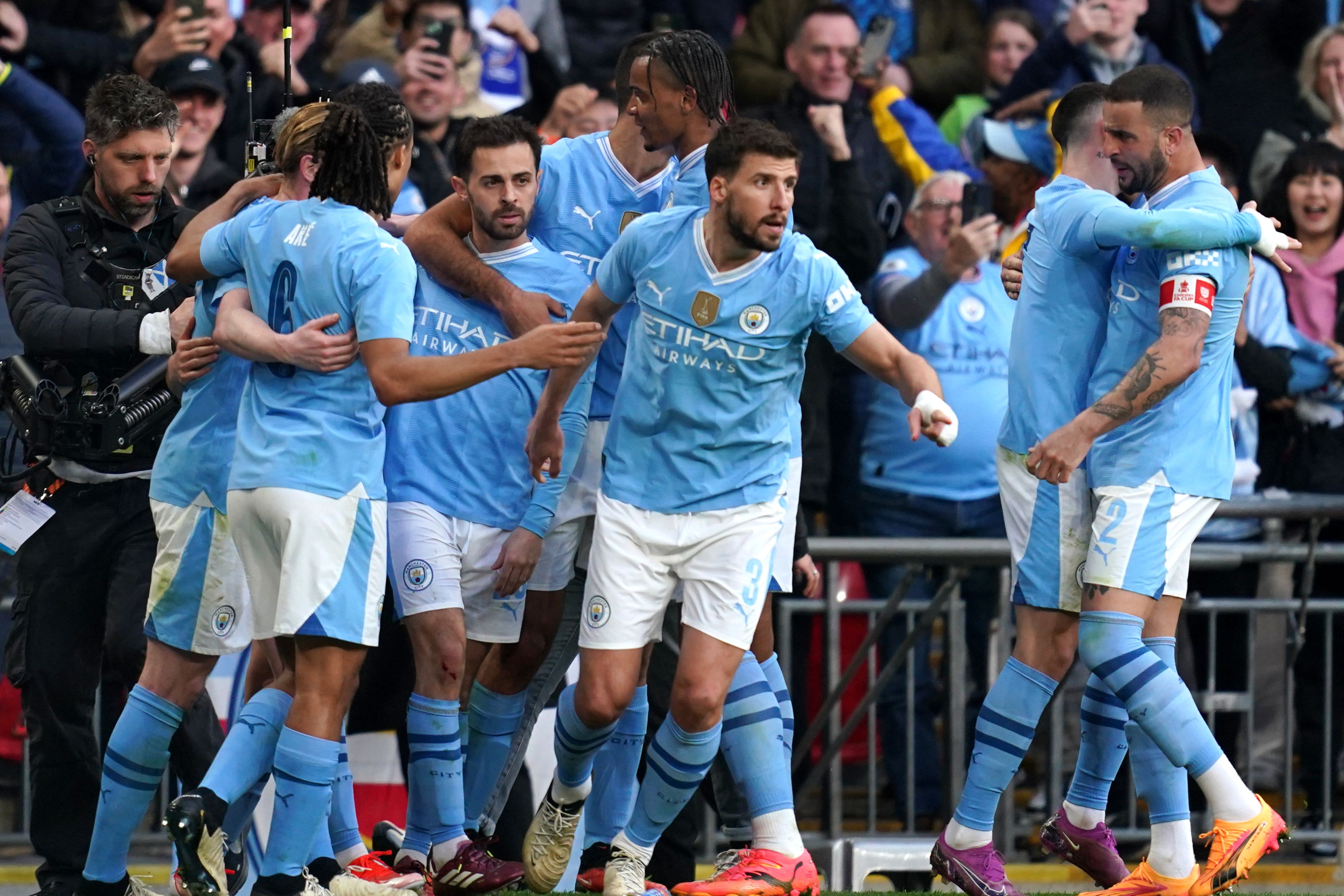 Bernardo Silva (third left) scored the winner as Manchester City reached the FA Cup final (Adam Davy/PA)