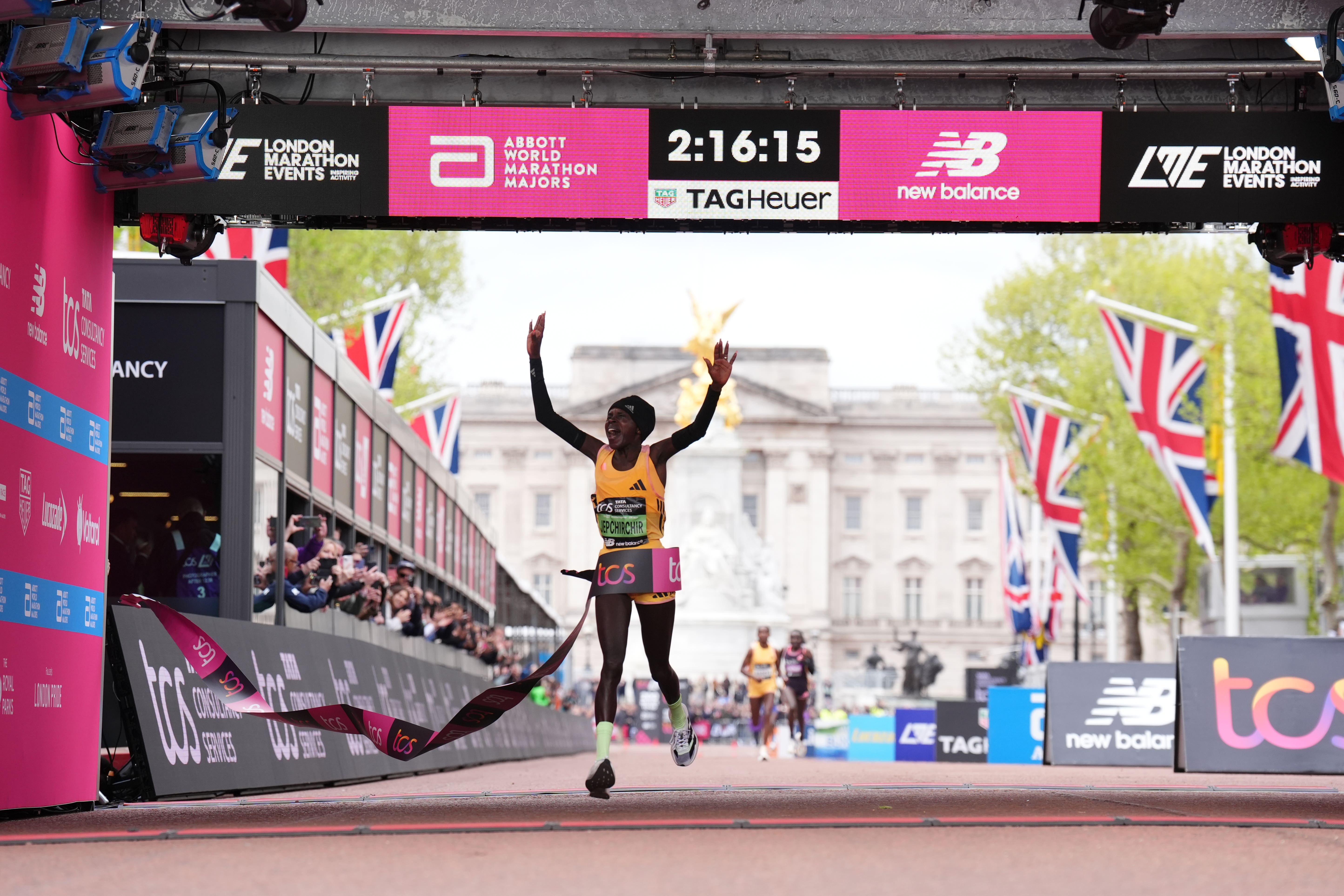 Peres Jepchirchir crossed the line to win the women’s elite race ( John Walton/PA)