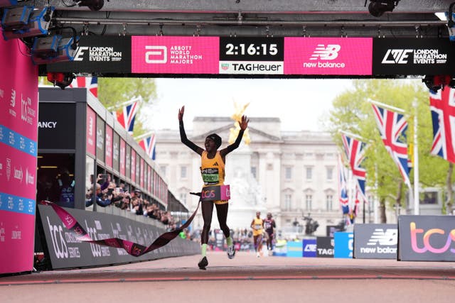 <p>Peres Jepchirchir crossed the line to win the women’s elite race ( John Walton/PA)</p>