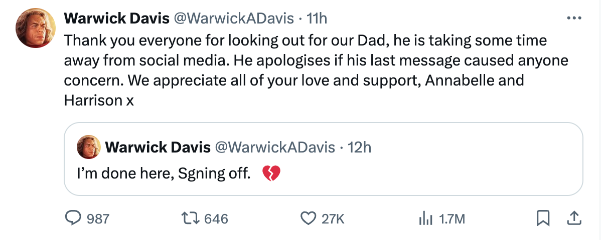 Davis’s children said actor was taking social media break