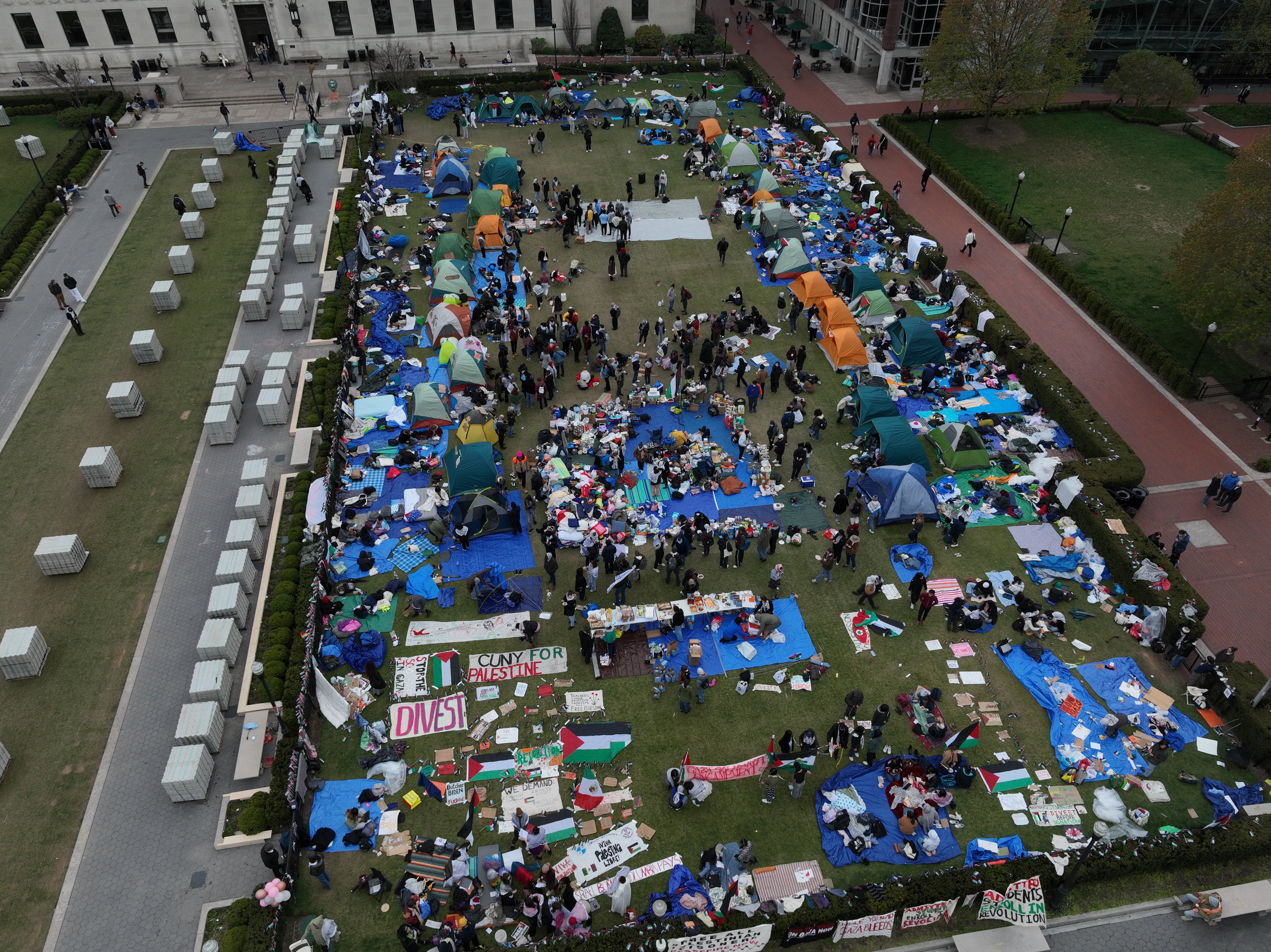 Pro-Palestinian protesters have established an encampment, pictured above on Sunday, on the Columbia University campus