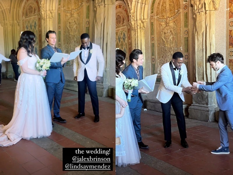 Jonathan Groff and Daniel Radcliffe serve as wedding officiant and ring bearer, respectively, at Merrily We Roll Along co-star Lindsay Mendez’s NYC wedding