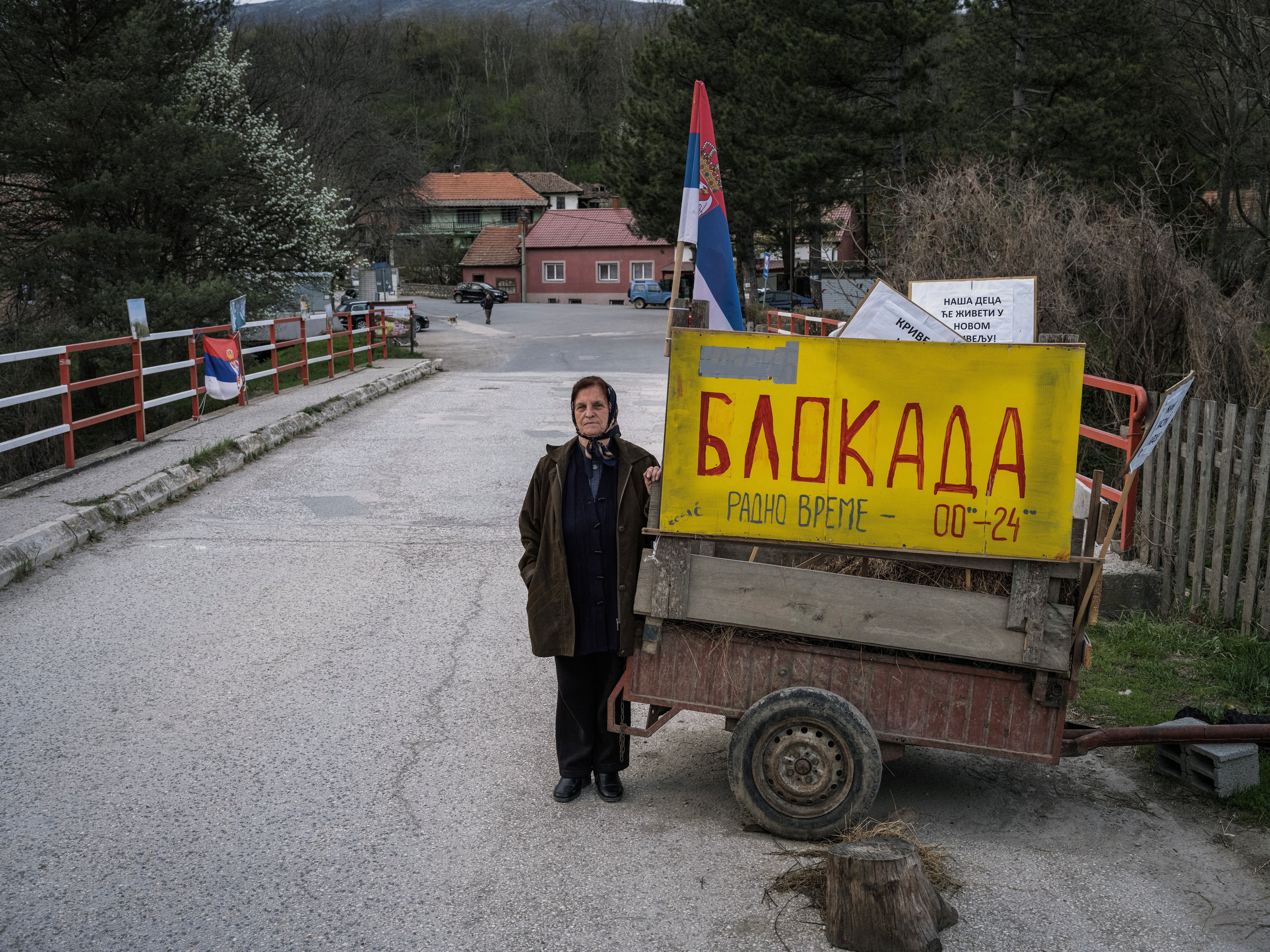 Stana Jorgovanovic, 79, at a barricade in Krivelj, eastern Serbia. ‘I feel so sorry about our beautiful village, I am not sure I will survive the move,’ she says