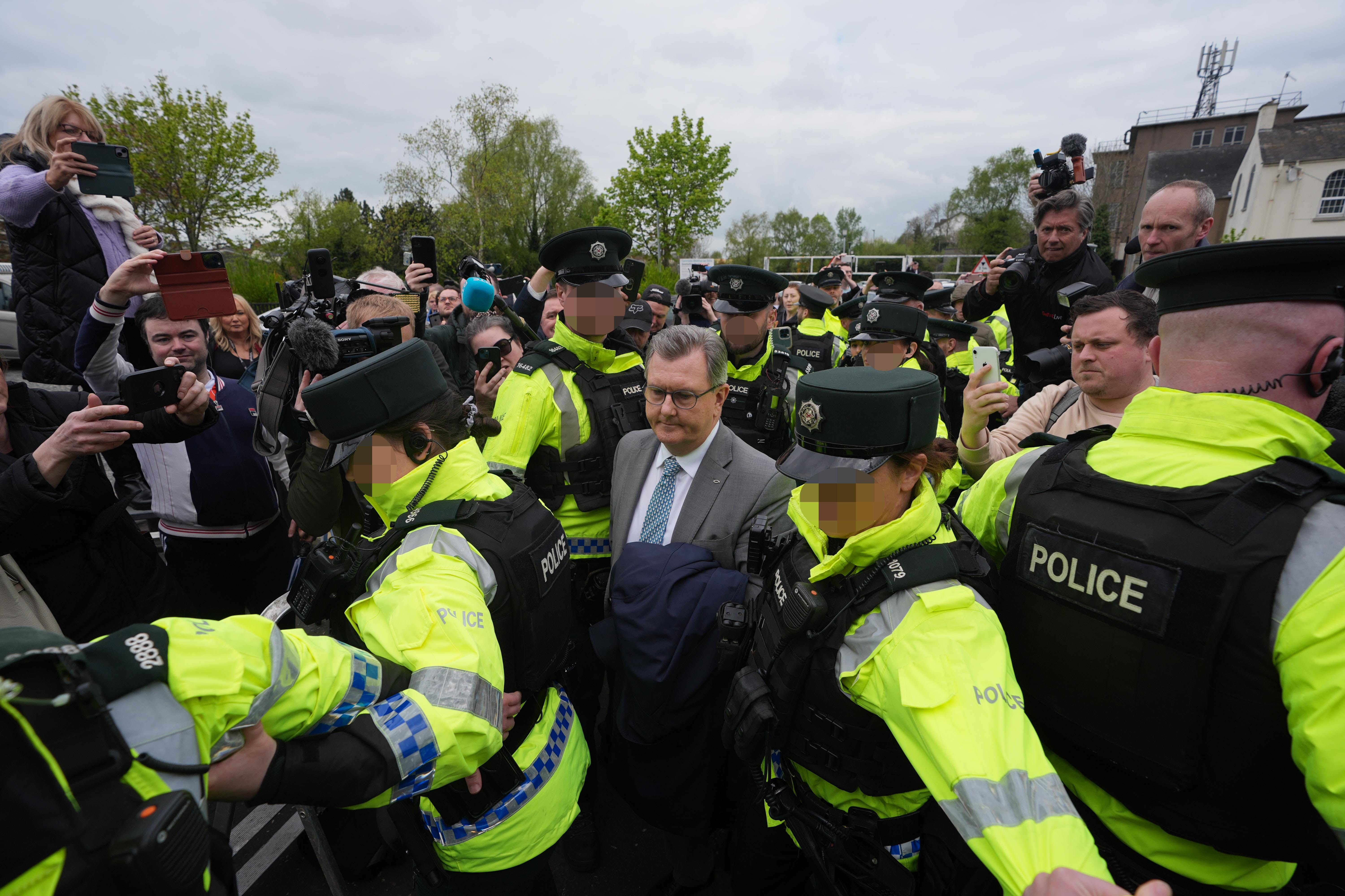 Former DUP leader Sir Jeffrey Donaldson leaving Newry Magistrates’ Court (Niall Carson/PA)