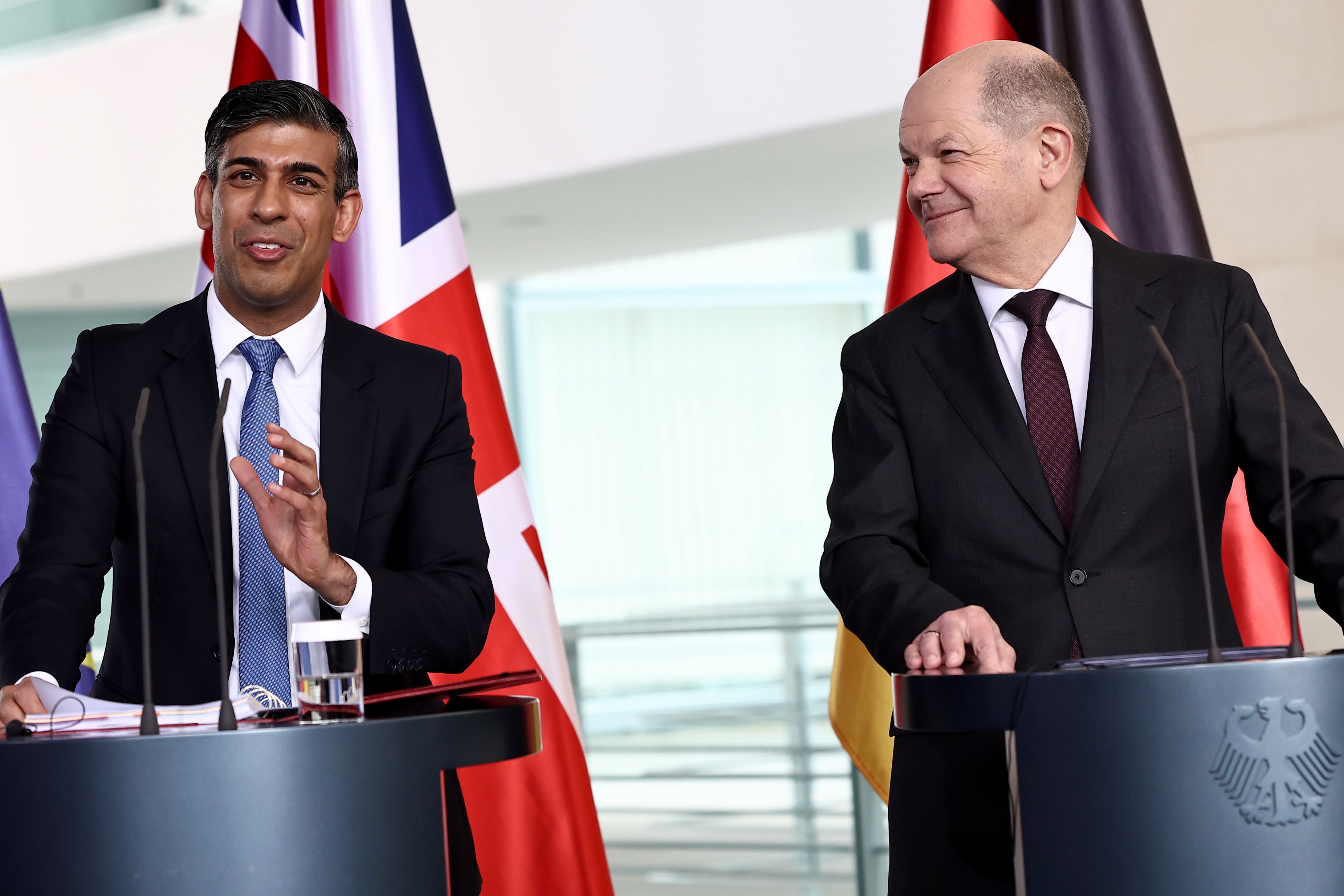 Prime Minister Rishi Sunak and Germany’s Chancellor Olaf Scholz speak during a press conference at the Chancellery in Berlin (Henry Nicholls/PA)