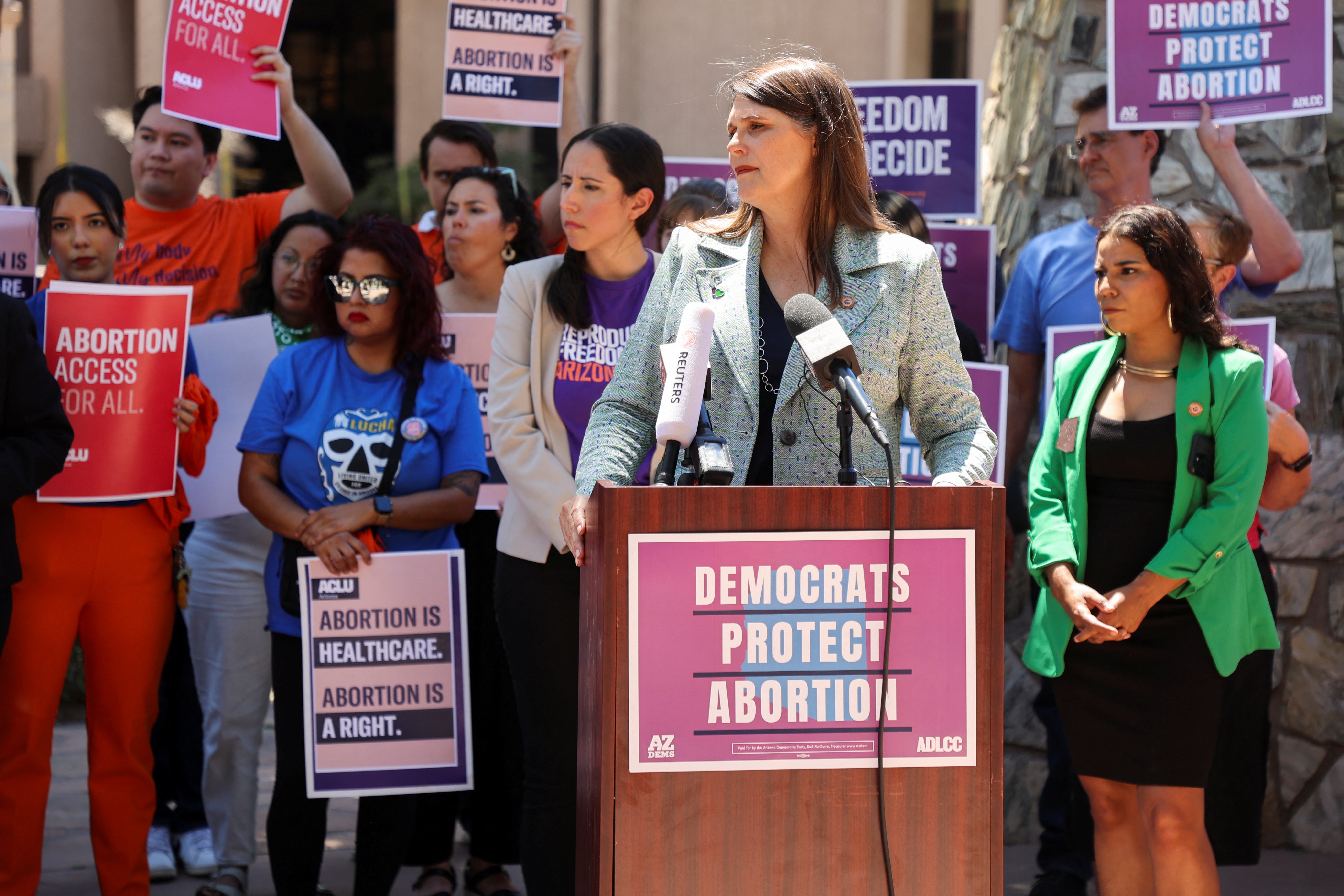 Democrat Stephanie Stahl Hamilton, sponsor of repeal bill of 1864 Arizona abortion law, speaks to reporters during a press conference in Phoenix, Arizona