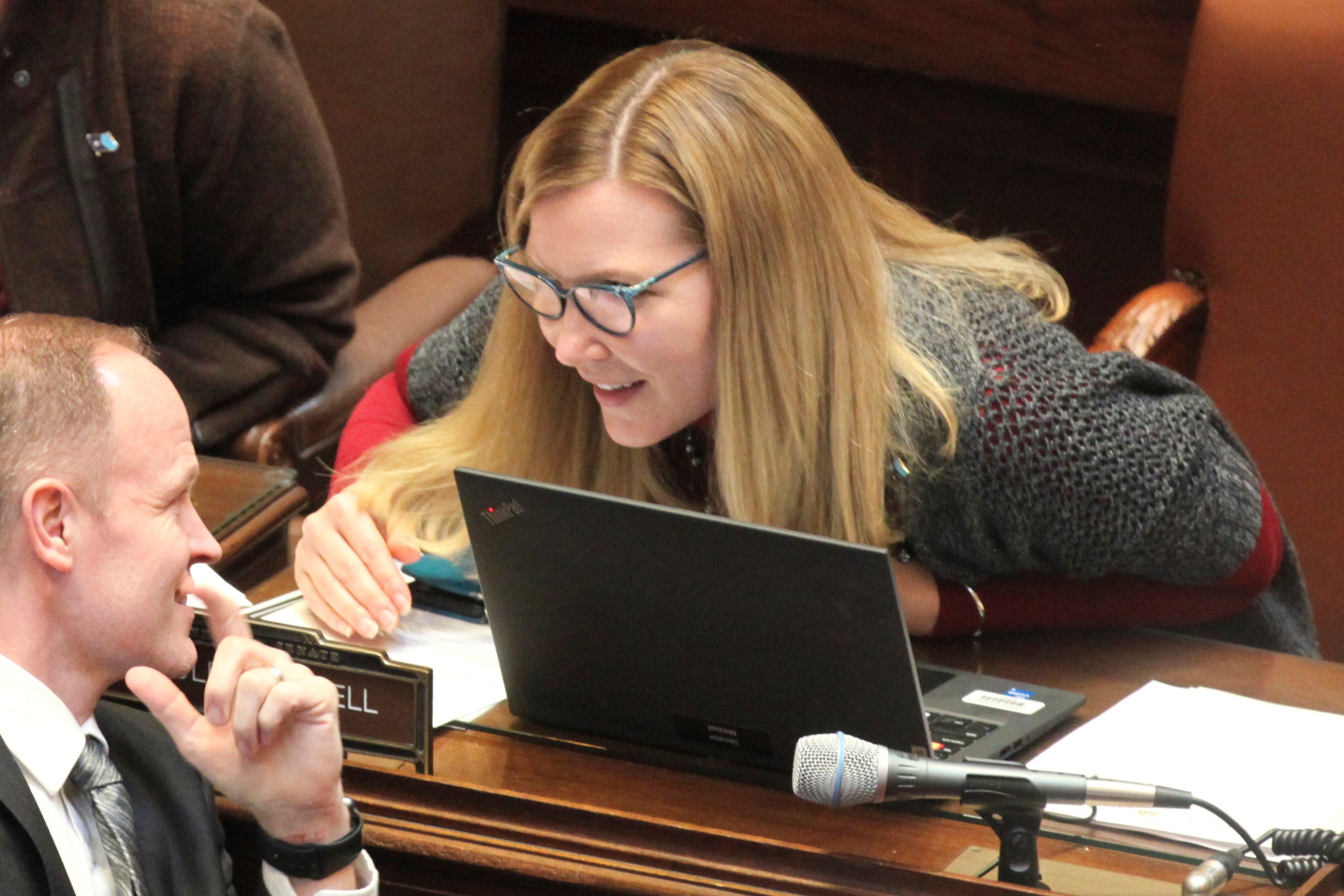 Democratic State Senator Nicole Mitchell, right, of Woodbury, speaks with Senator Robert Farnsworth, the state Senate