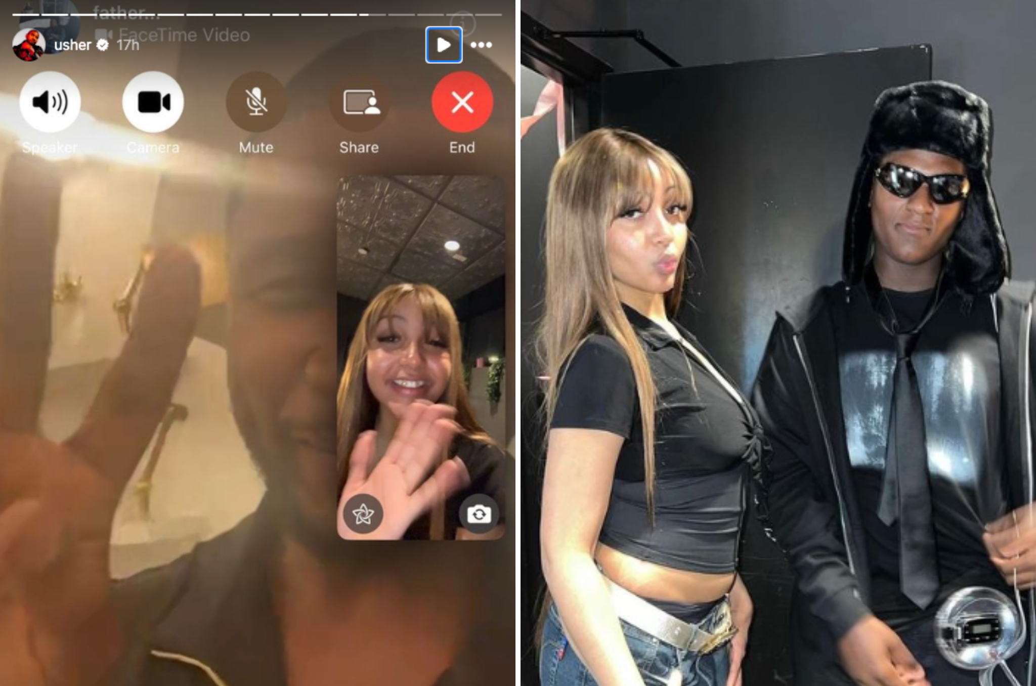 Usher FaceTiming PinkPantheress (left photo) and PinkPantheress and Naviyd backstage (right)