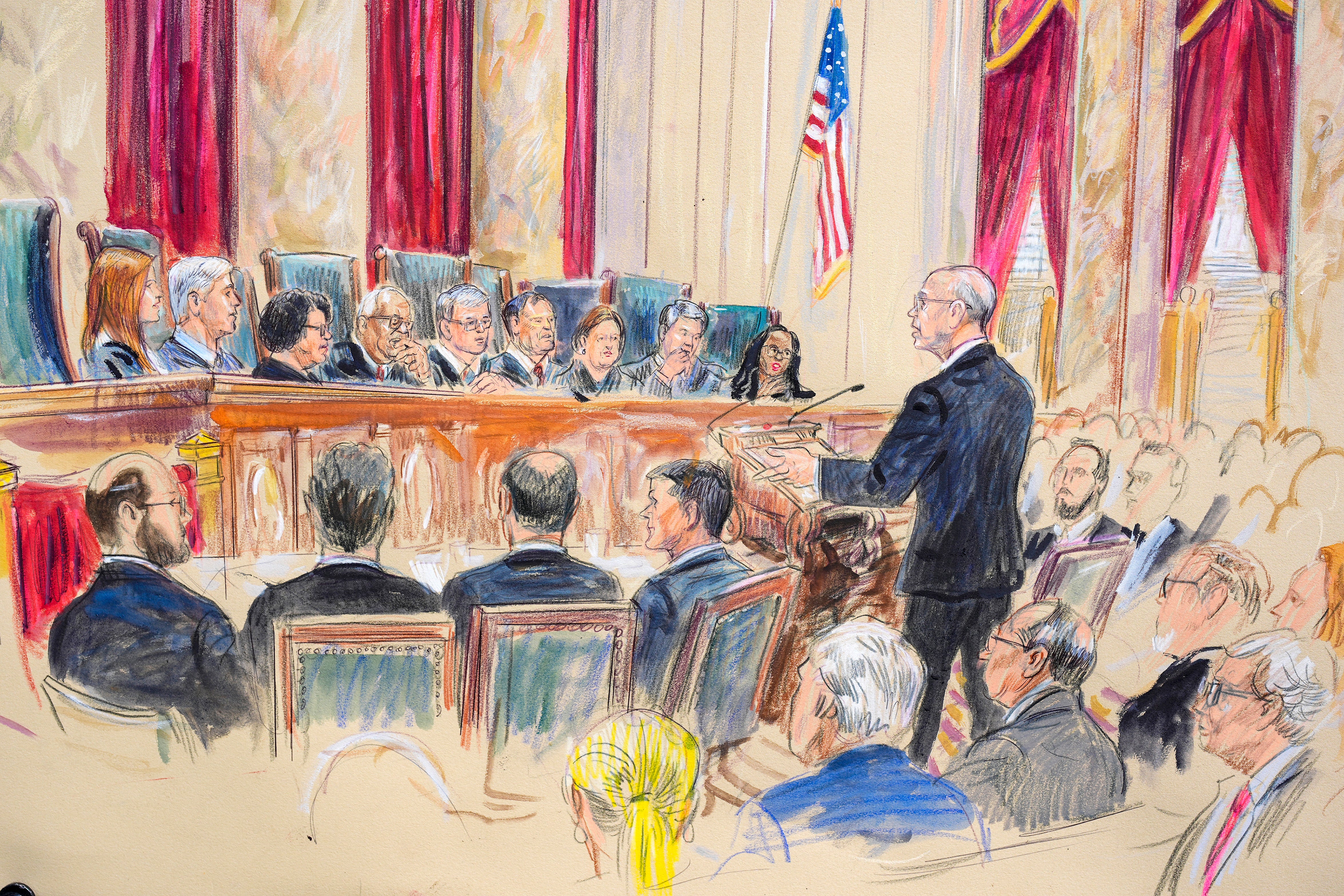 This artist sketch depicts arguments before the Supreme Court during a case about whether former president Donald Trump is immune from criminal prosecution