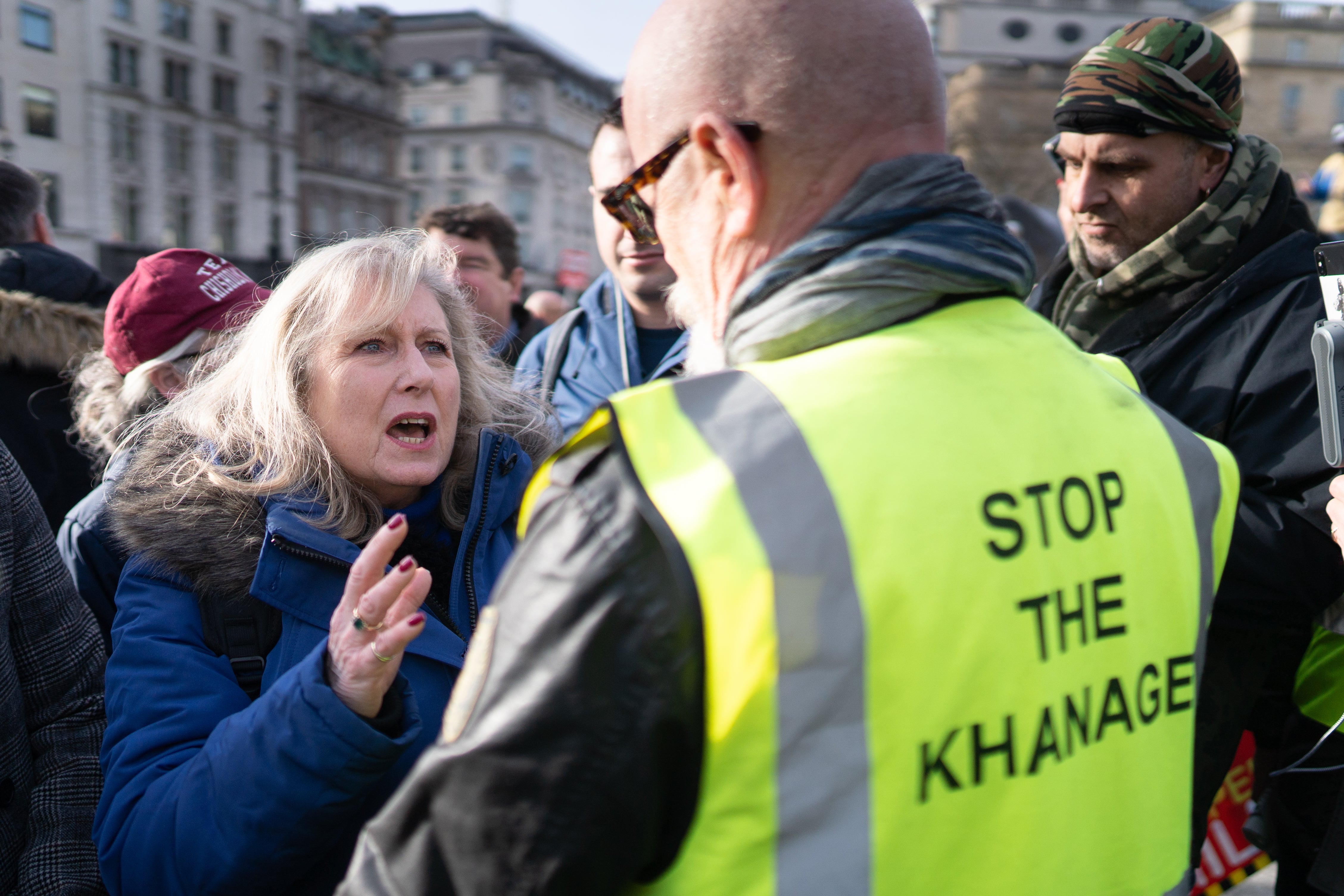 Susan Hall, the Conservative London Mayoral Candidate, speaking to protesters during an anti-Ulez protest in Trafalgar Square