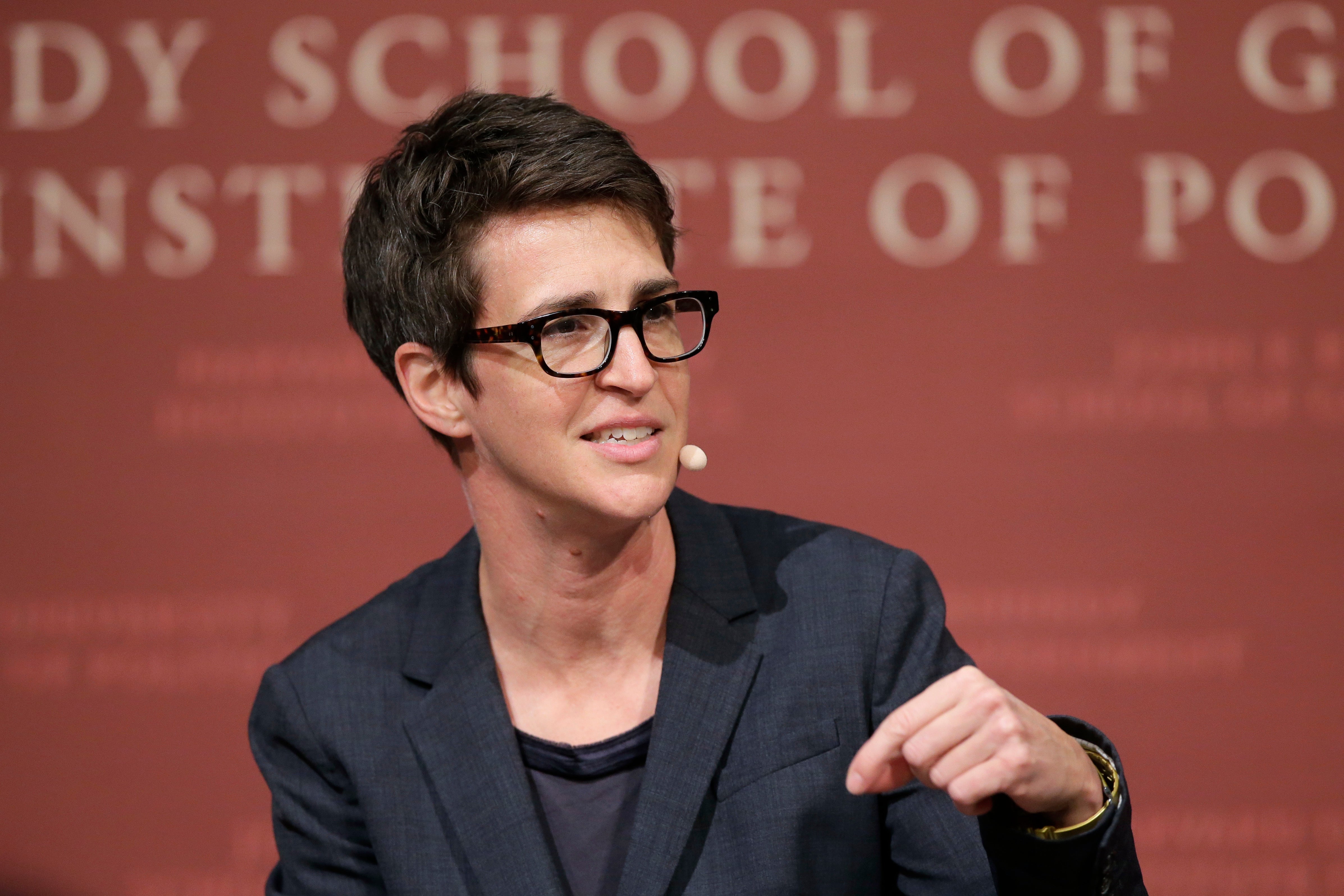 MSNBC host Rachel Maddow moderates a media event in 2018.