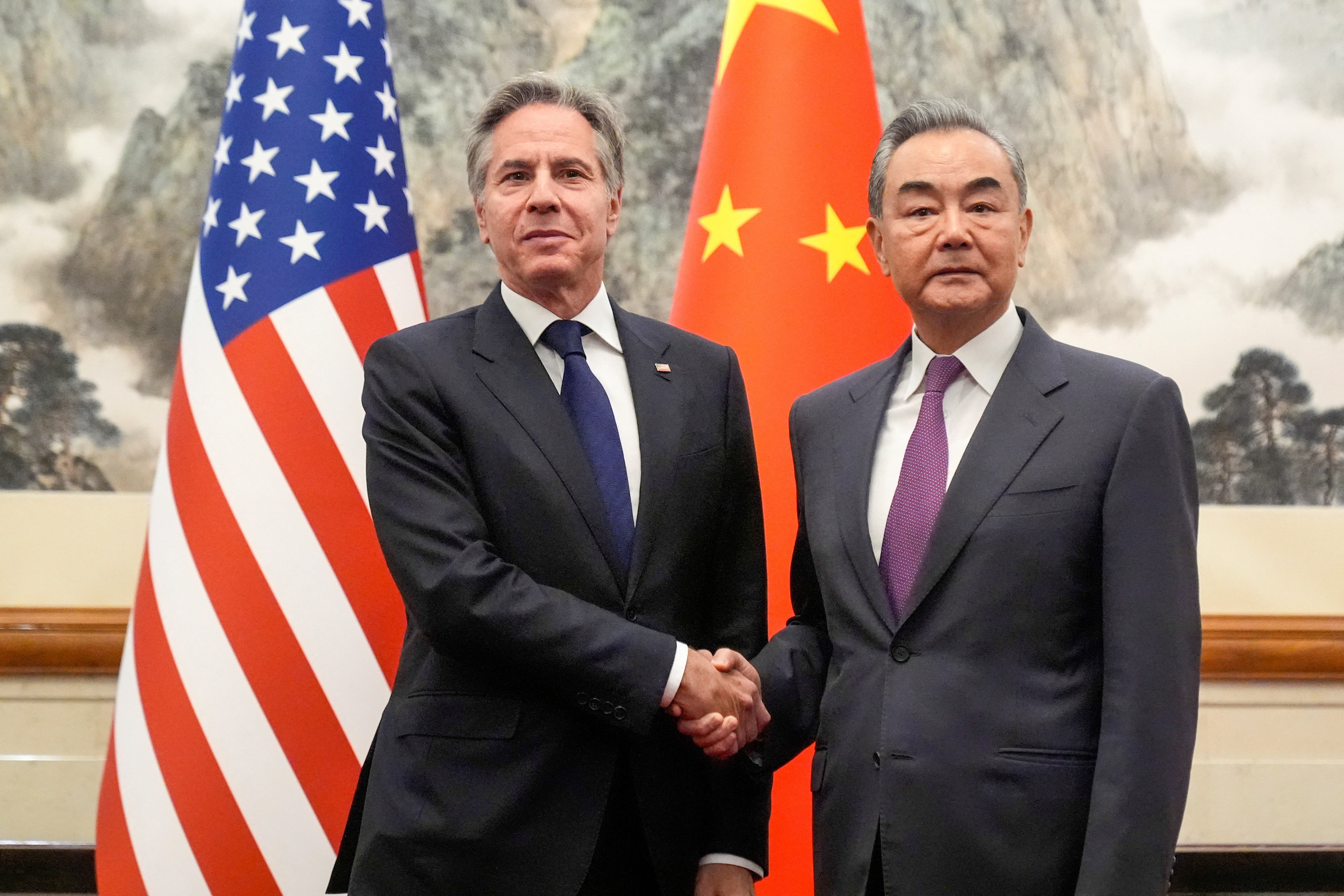 Antony Blinken meets with China's foreign minister Wang Yi at the Diaoyutai State Guesthouse