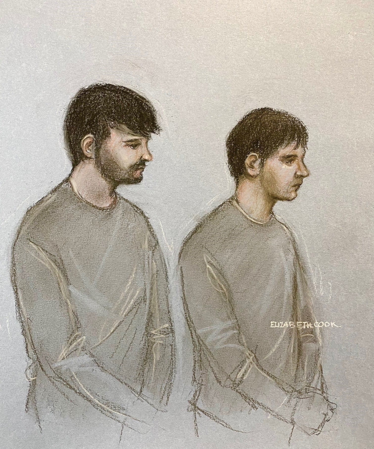 Court artist sketch by Elizabeth Cook of Dmitrijus Paulauska (left) and Jake Reeves appearing at Westminster Magistrates' Court