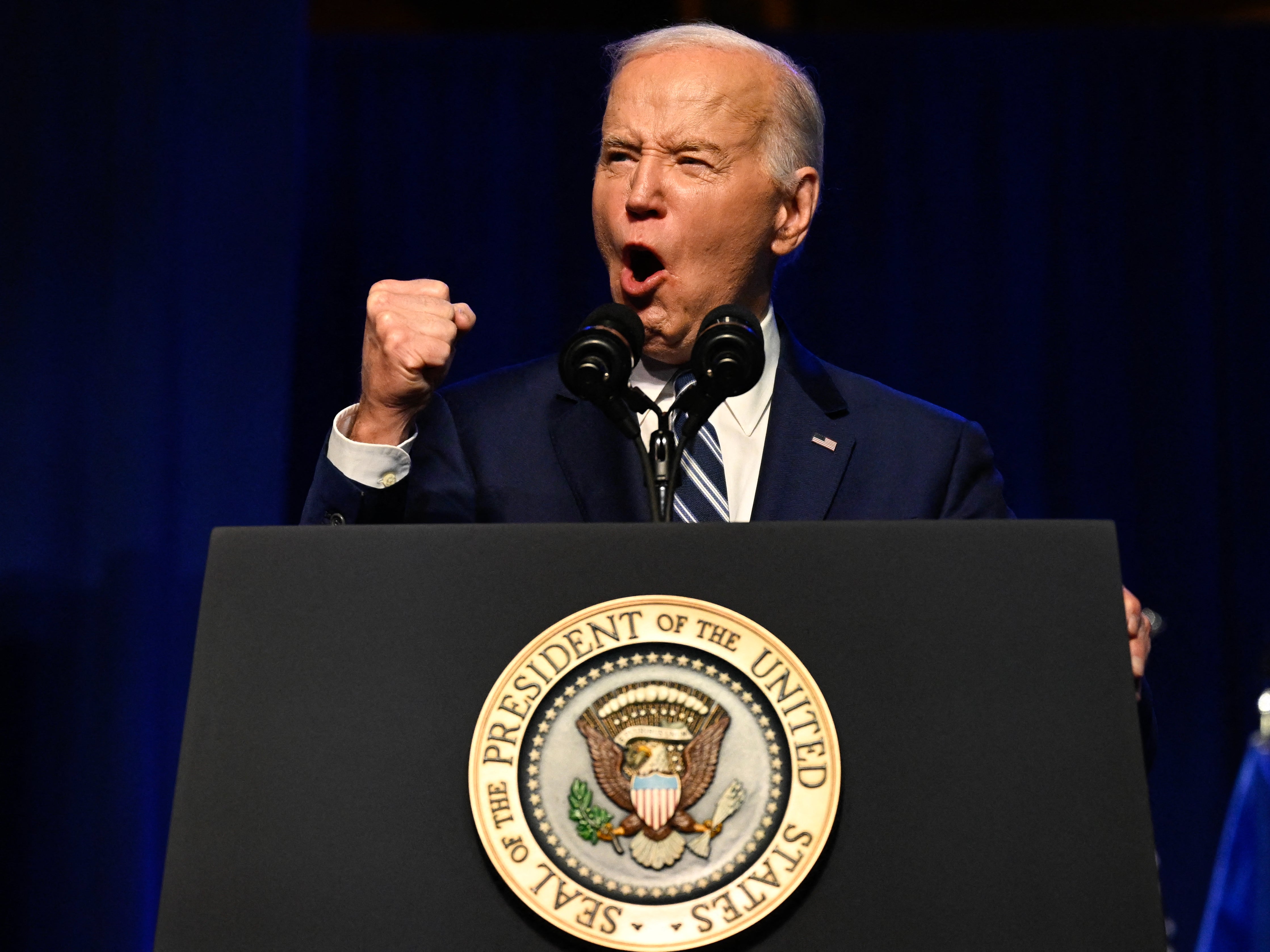 US president Joe Biden speaks at the Milton J Rubenstein Museum in Syracuse, New York, on 25 April 2024