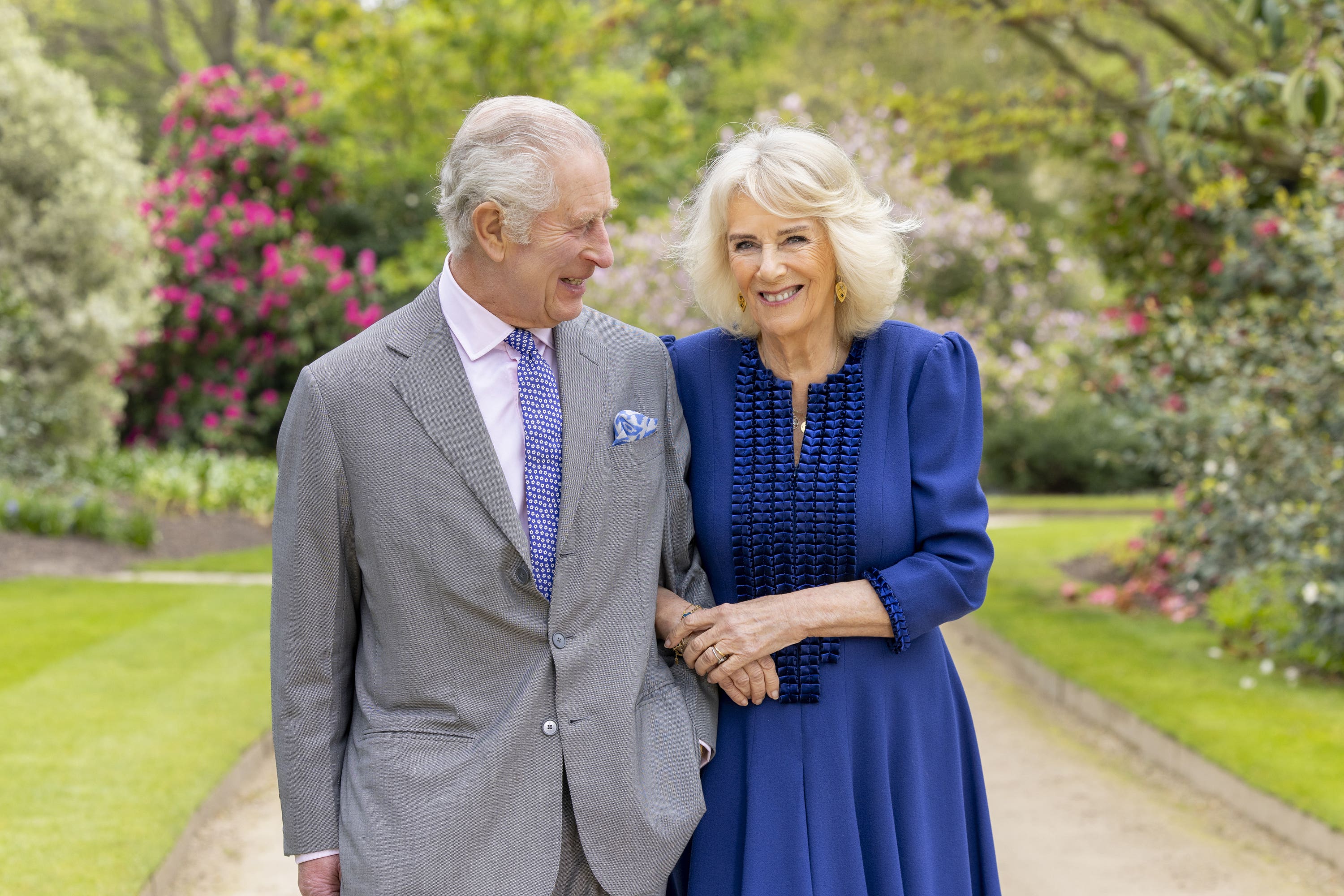 Charles and Camilla in Buckingham Palace Gardens on April 10, the day after their 19th wedding anniversary (Millie Pilkington/Buckingham Palace)