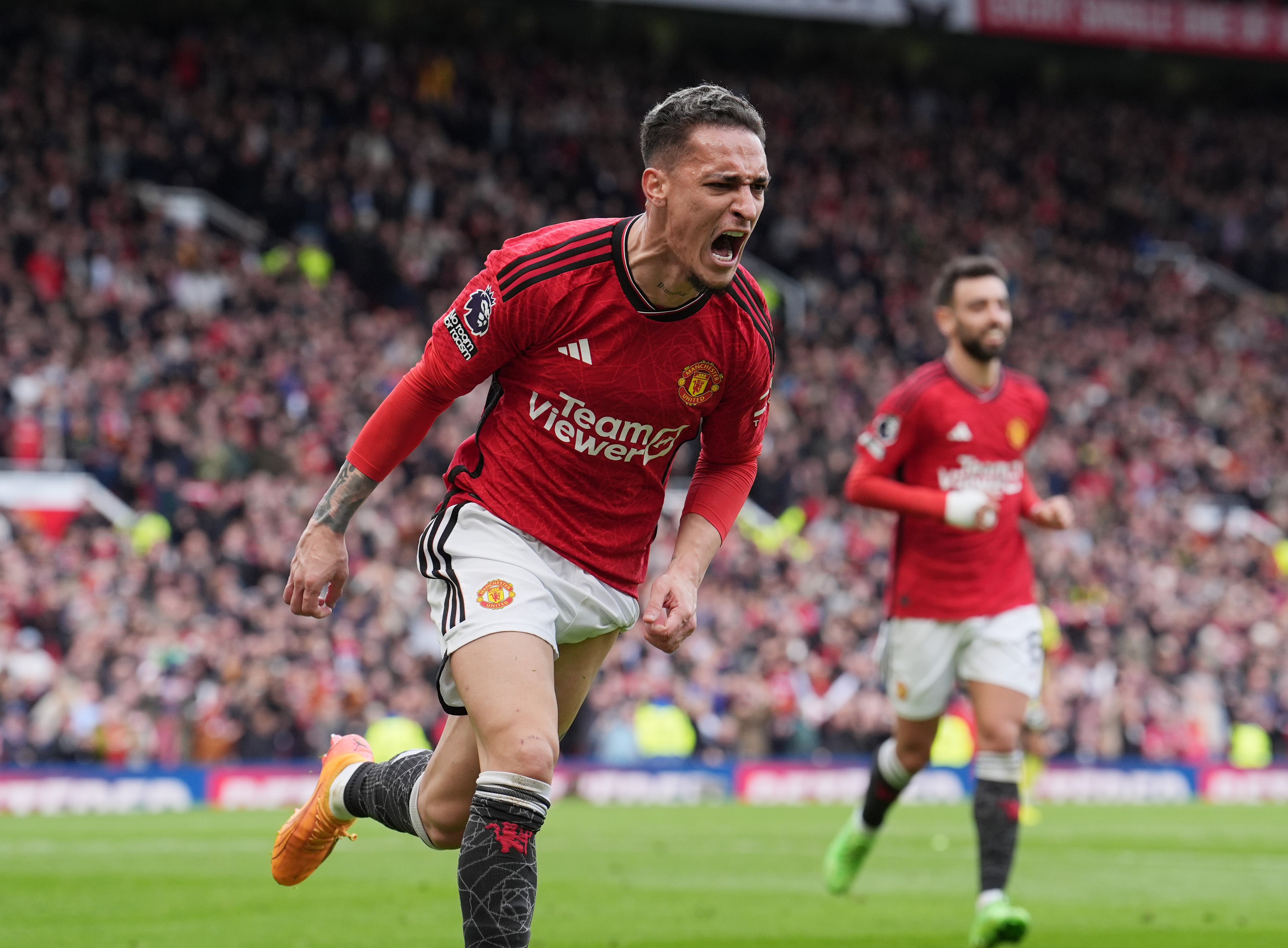 Antony celebrates his first Premier League goal of the season after 32 games