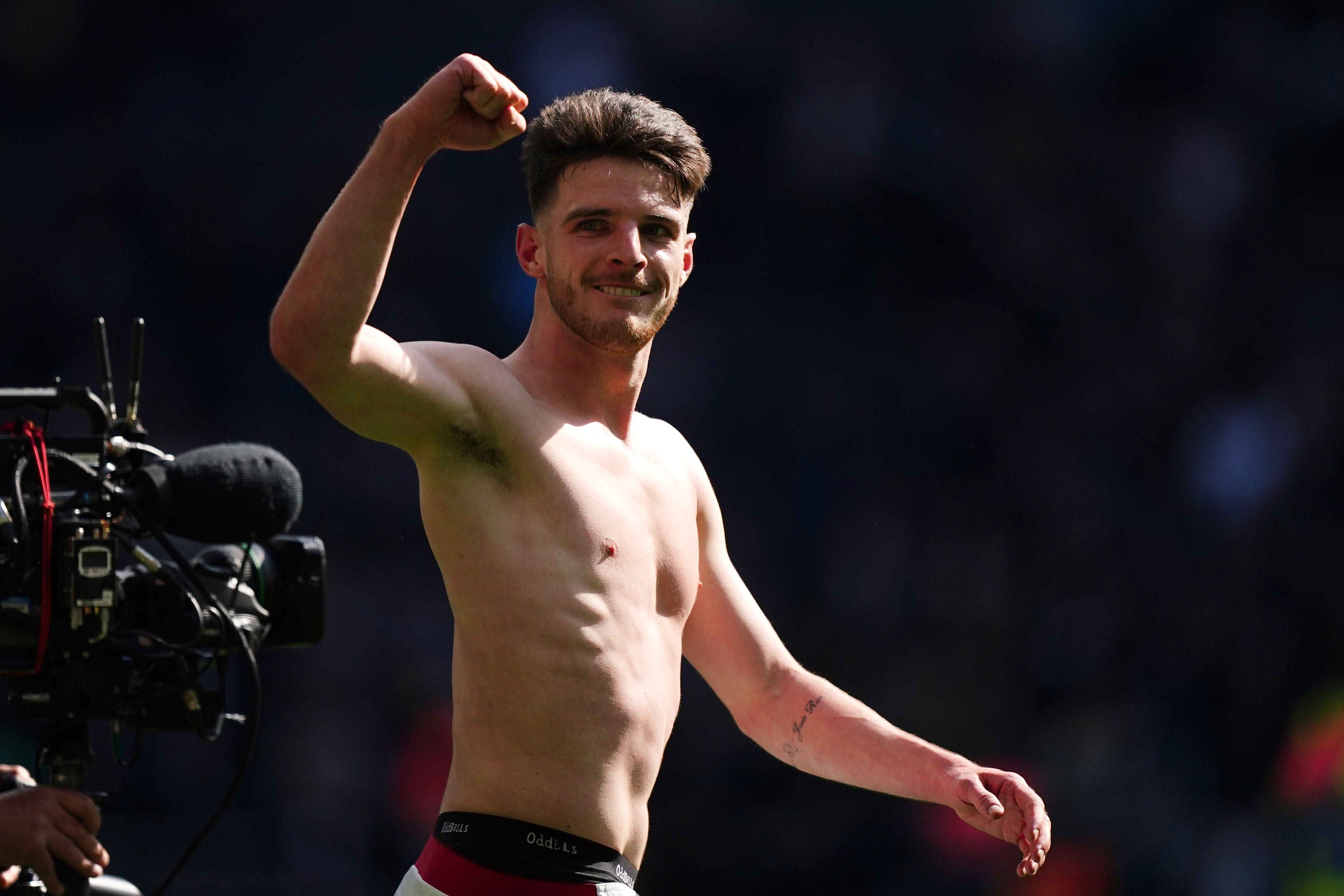 Arsenal’s Declan Rice celebrates after his side’s 3-2 win over rivals Tottenham (Zac Goodwin/PA)