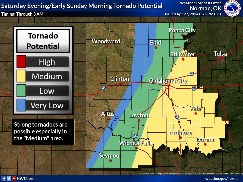 An infographic from the National Weather Service detailing tornado risk late Saturday night. Several tornadoes hit the region, killing four and injuring 100