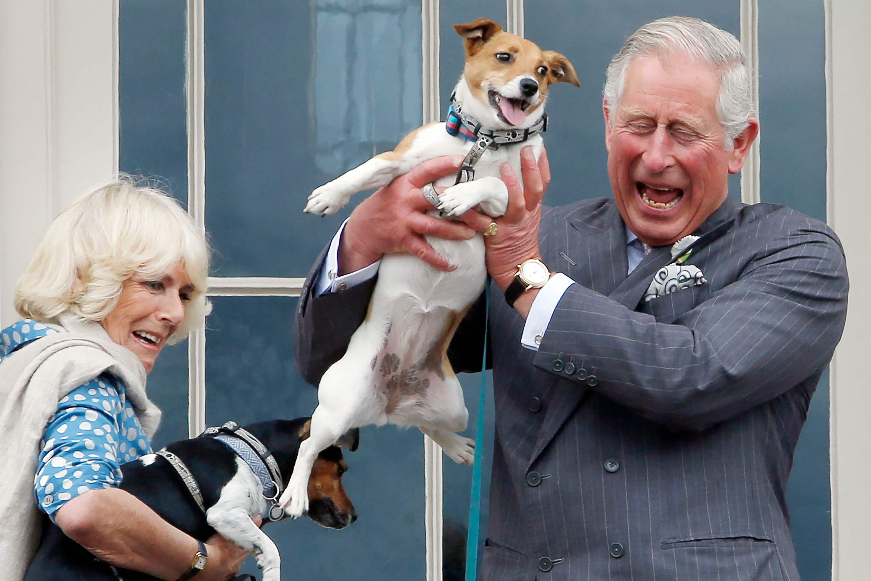 Charles and Camilla hold the Camilla’s dogs Beth (left) and Bluebell (right) (Danny Lawson/PA)