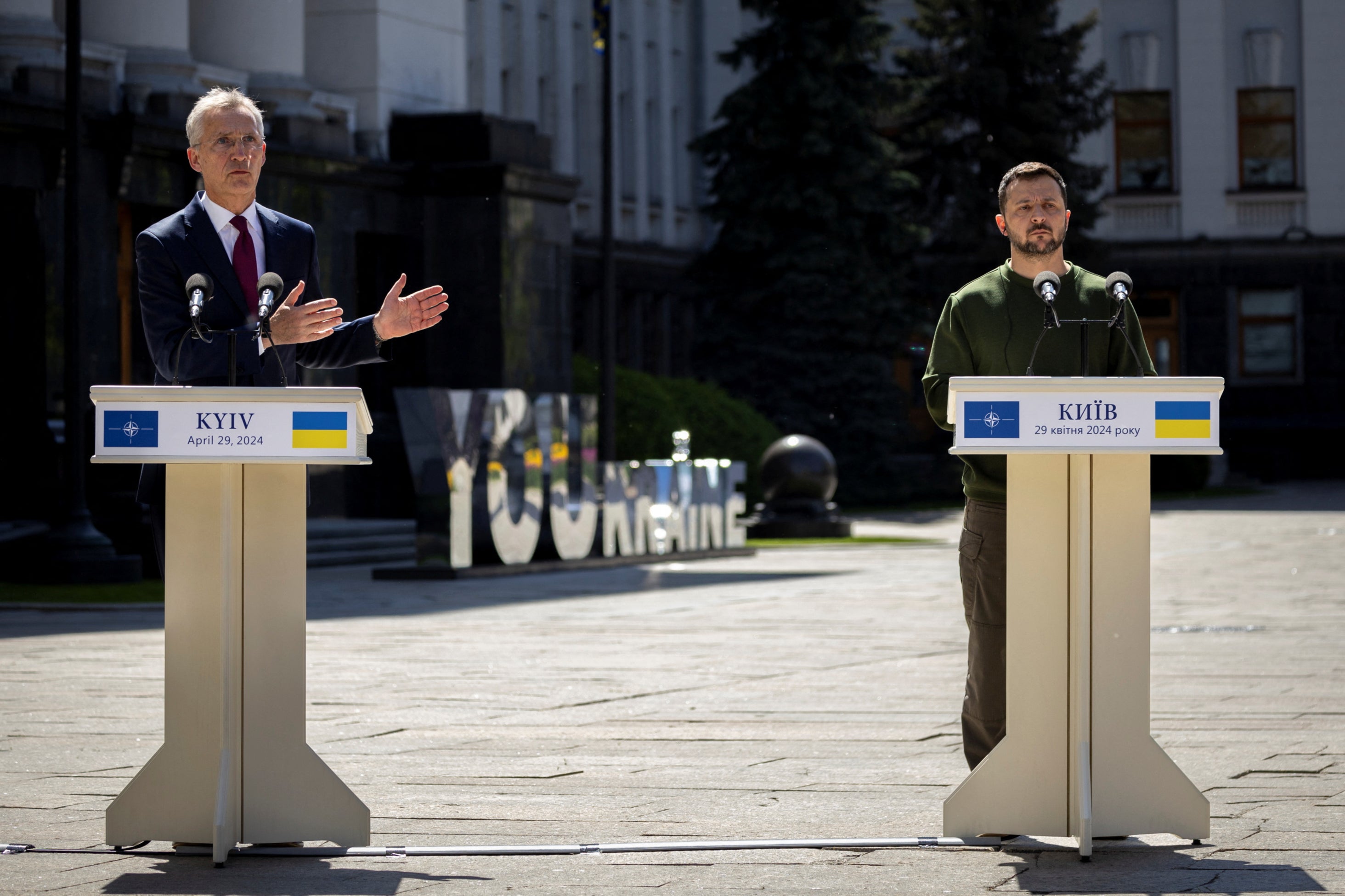 Volodymyr Zelensky, right, and Nato secretary general Jens Stoltenberg in Kyiv on Monday