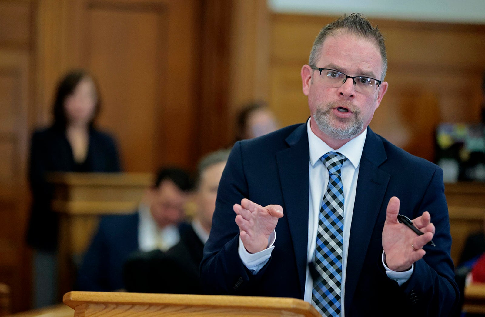 Norfolk Assistant District Attorney Adam Lally gives the opening statement for the prosecution