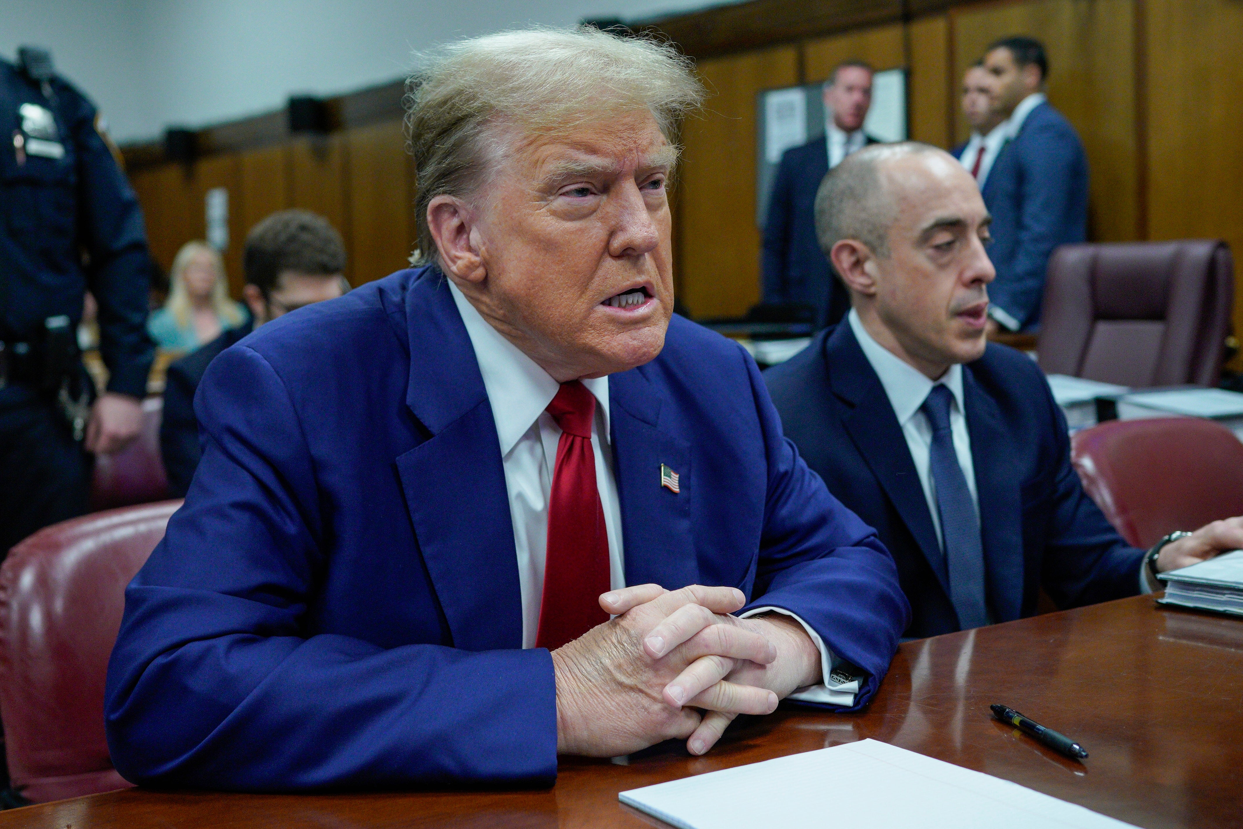 Former President Donald Trump awaits the start of proceedings at Manhattan criminal court on 30 April 2024