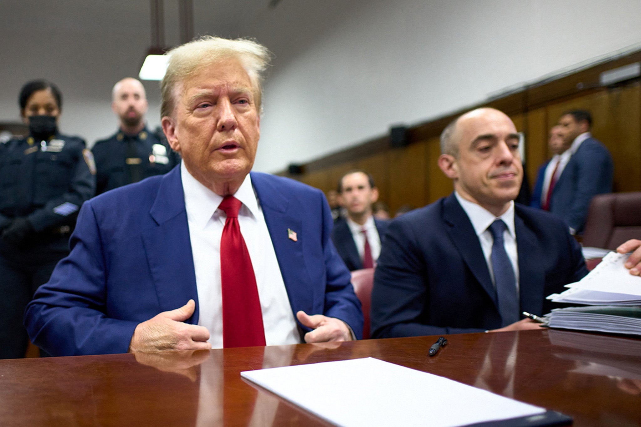 Donald Trump appears in a Manhattan criminal courthouse on 30 April during his hush money trial