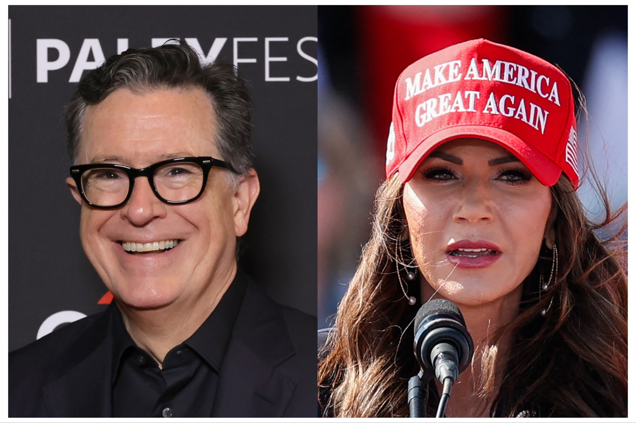 Stephen Colbert (left) and Governor Kristi Noem